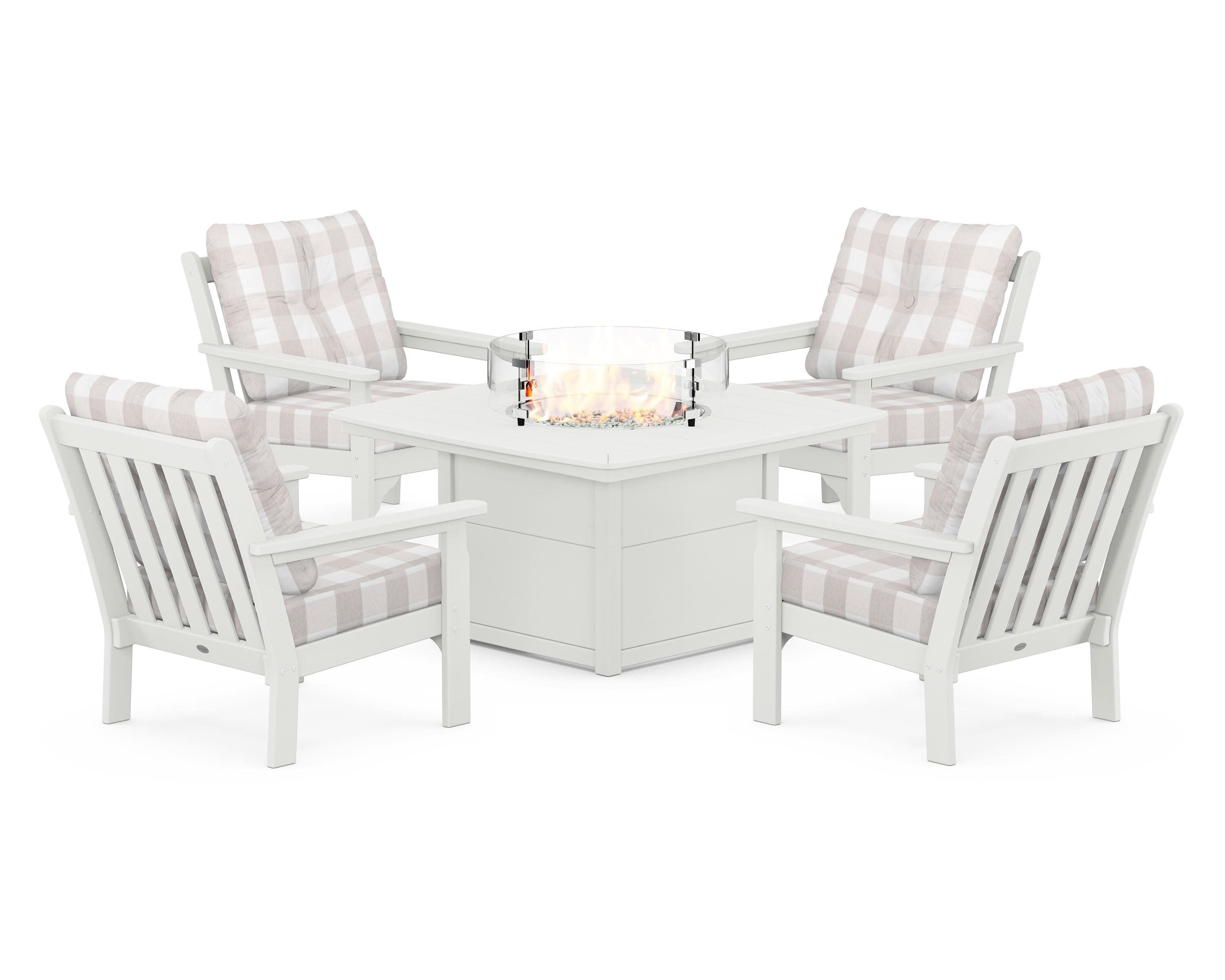 Vineyard 5-Piece Conversation Set with Fire Pit Table in Vintage White / Buffalo Plaid Dune Burlap