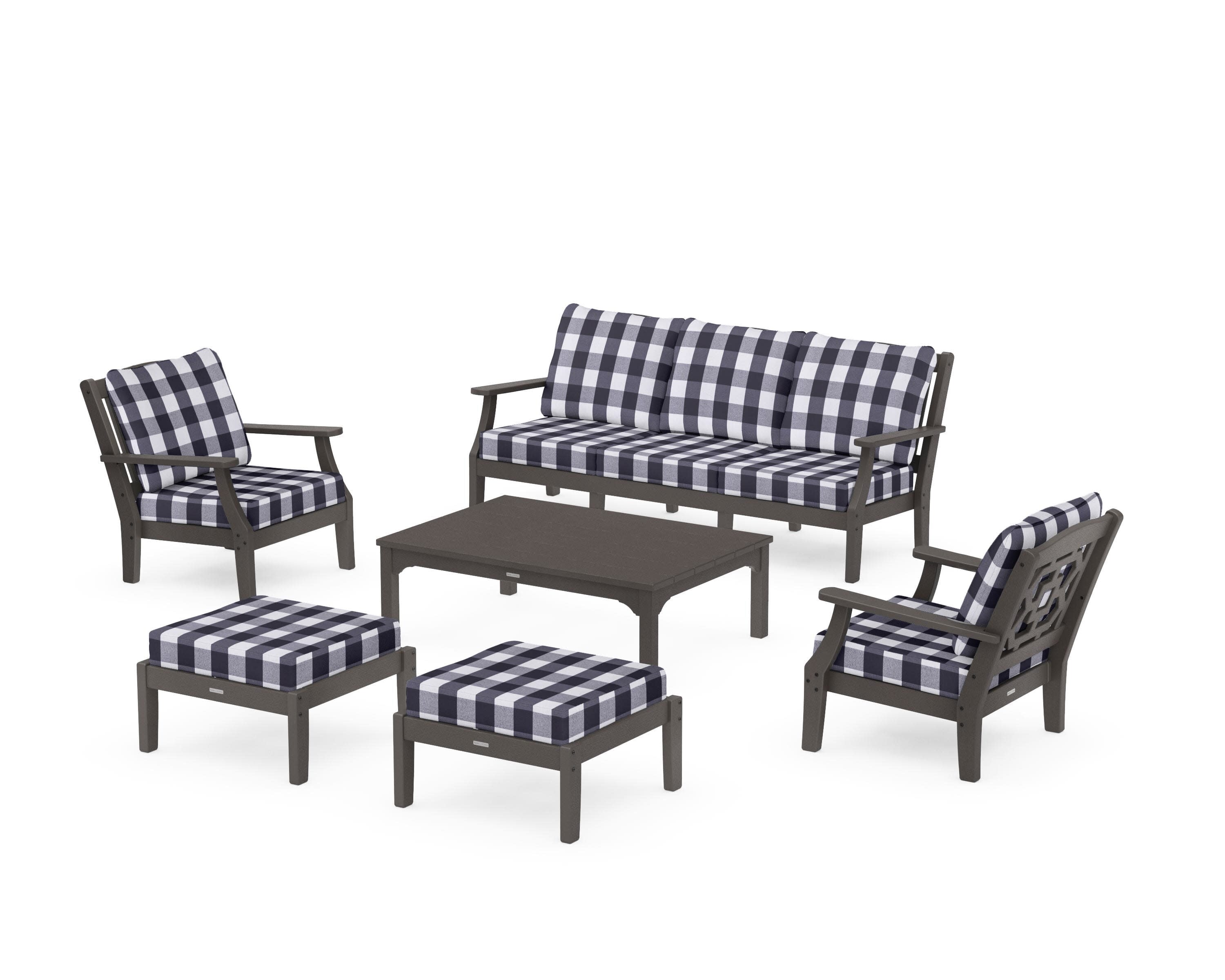 Chinoiserie 6-Piece Lounge Sofa Set in Vintage Coffee / Buffalo Plaid Navy