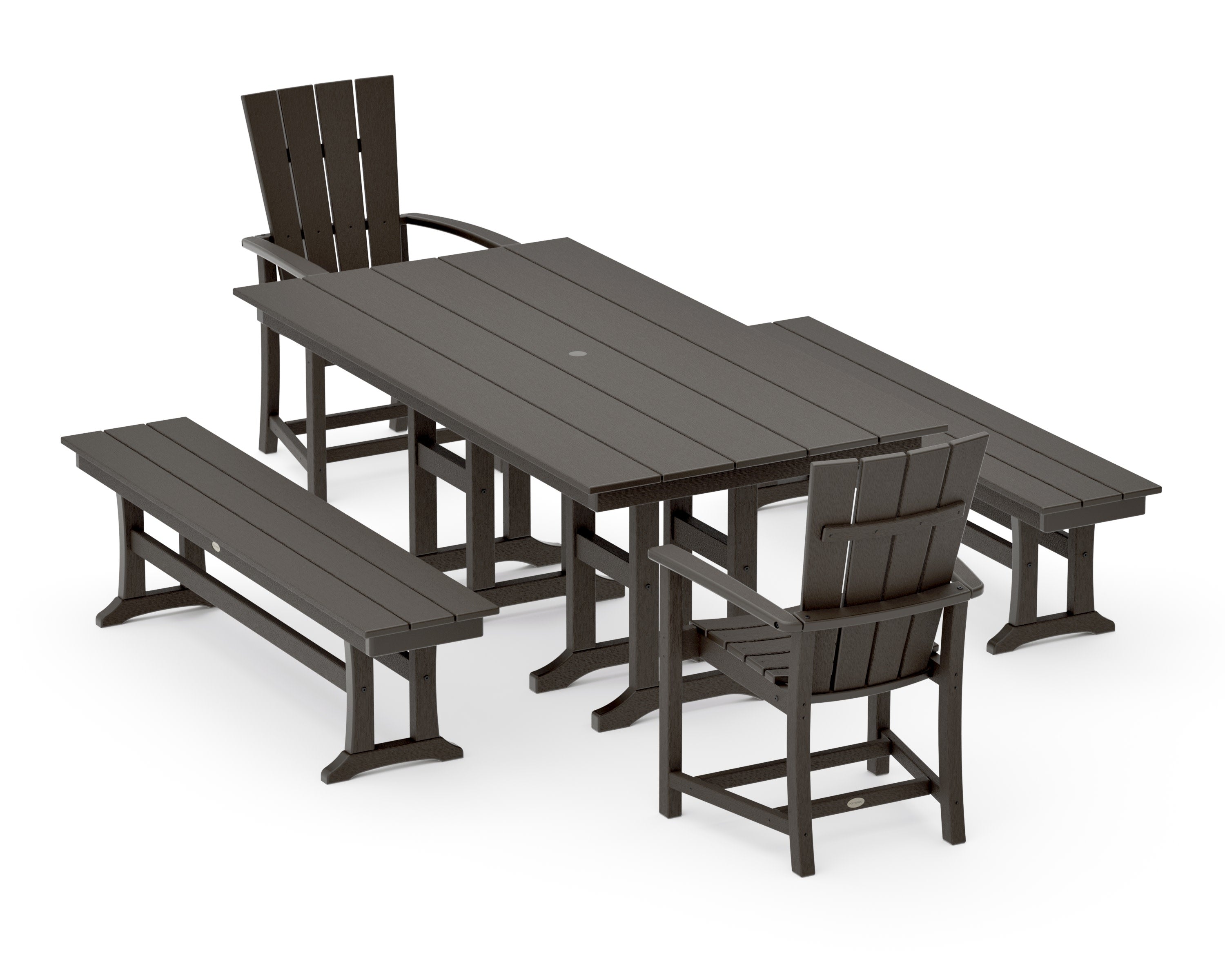 Quattro 5-Piece Farmhouse Dining Set with Benches in Vintage Coffee