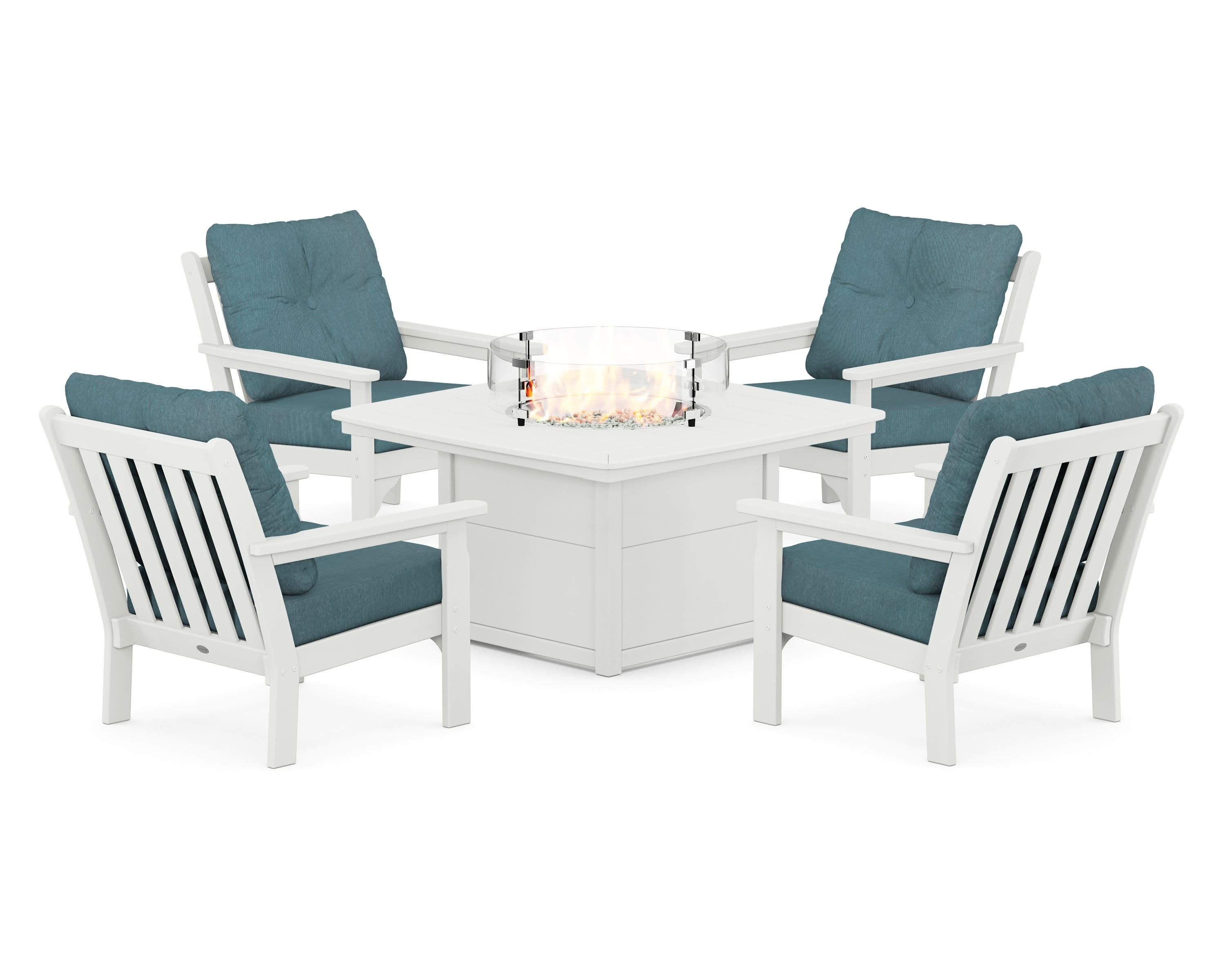Vineyard 5-Piece Conversation Set with Fire Pit Table in Vintage White / Ocean Teal