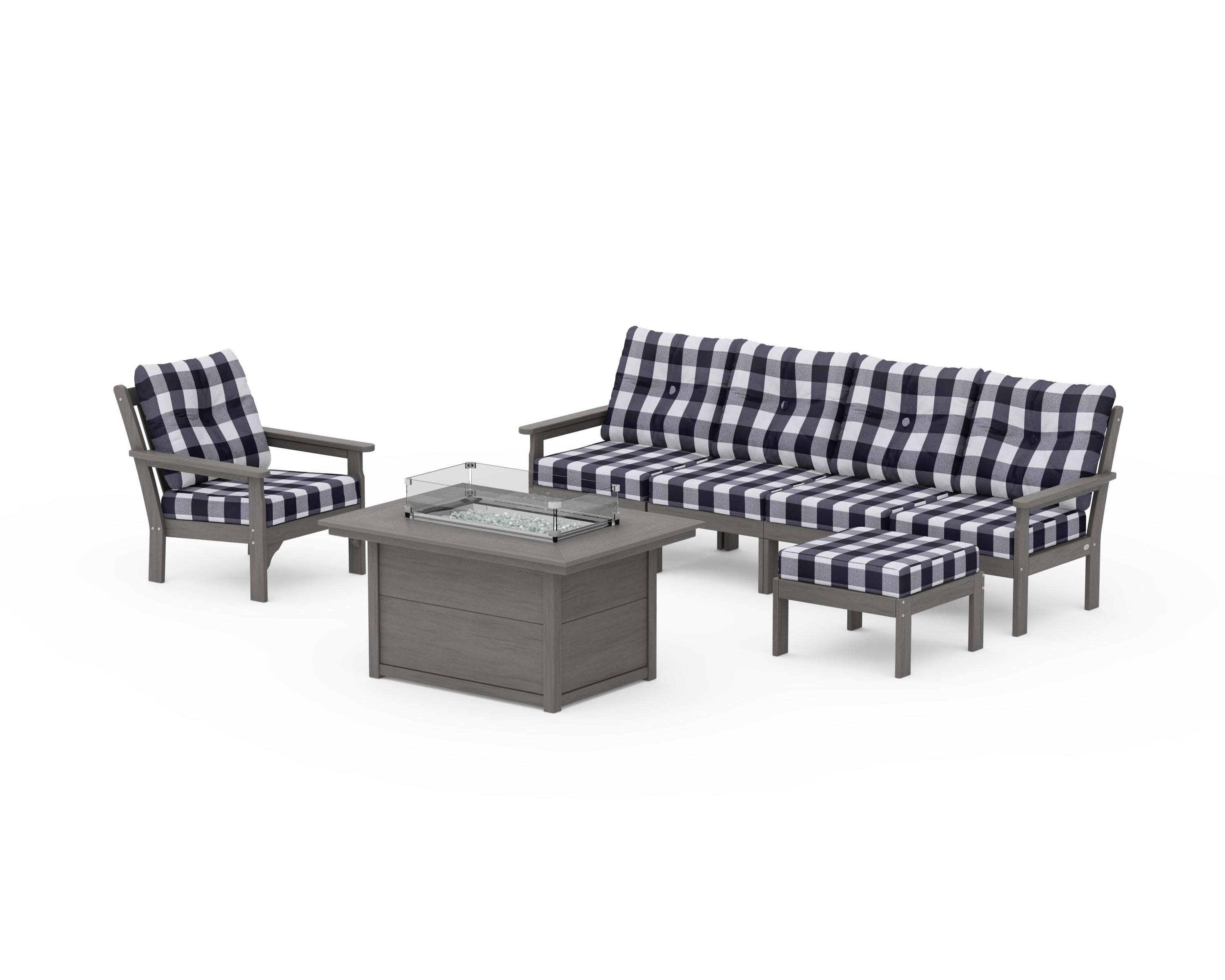 Vineyard Sectional Lounge and Fire Pit Set in Driftwood / Buffalo Plaid Navy