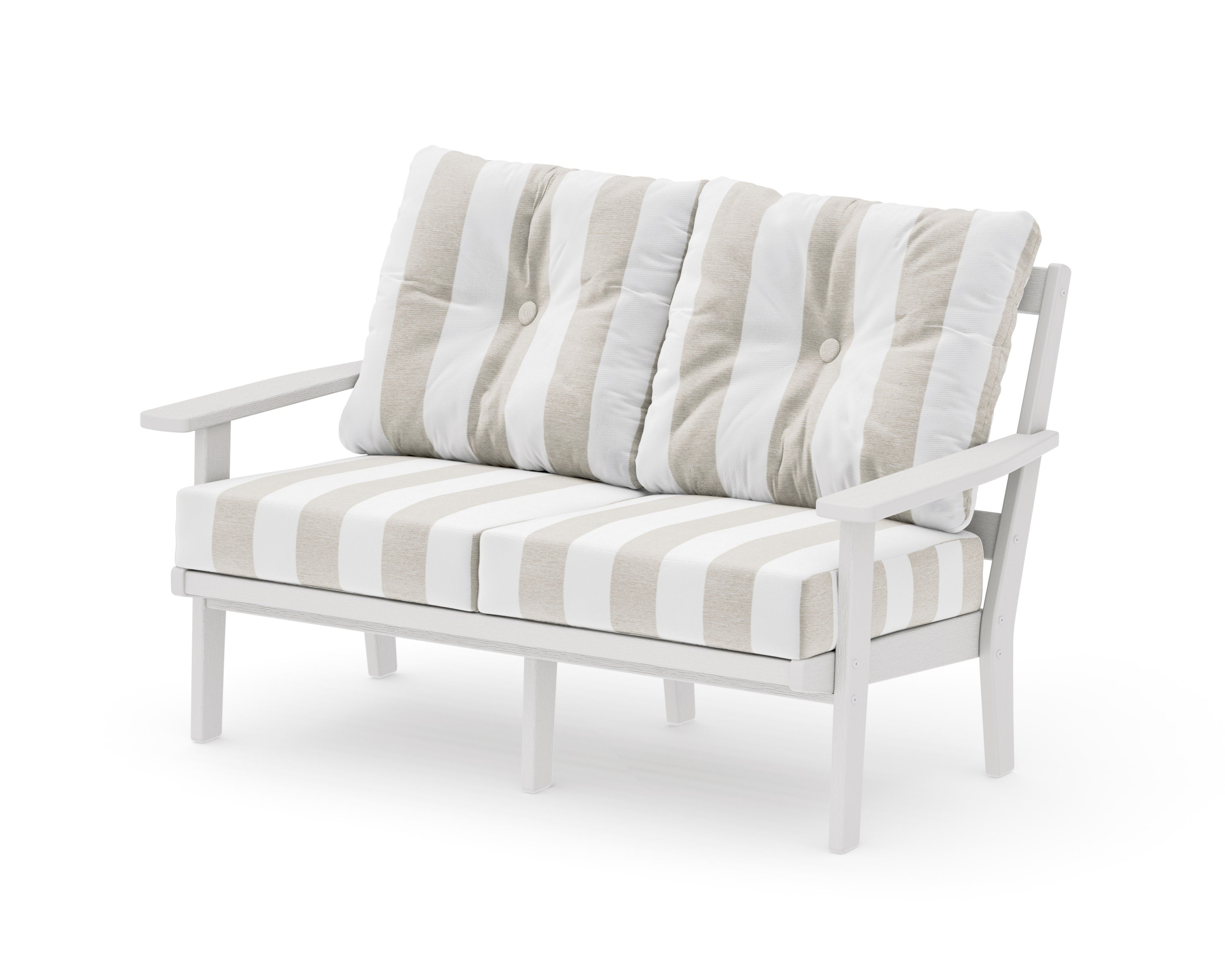 Prairie Deep SeatingLoveseat in Vintage White / Cabana Stripe Dune Burlap