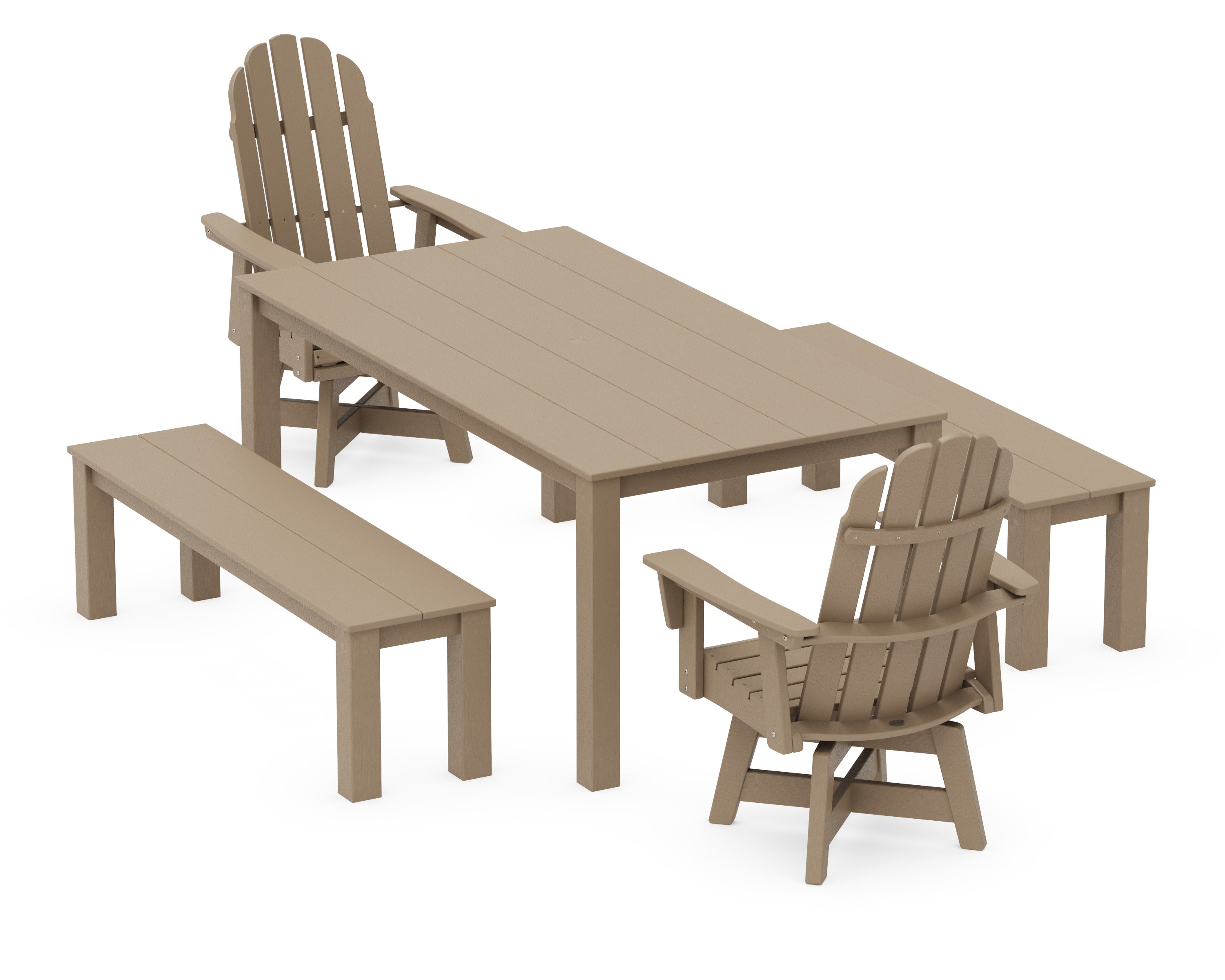Vineyard Curveback Adirondack 5-Piece Parsons Swivel Dining Set with Benches in Vintage Sahara