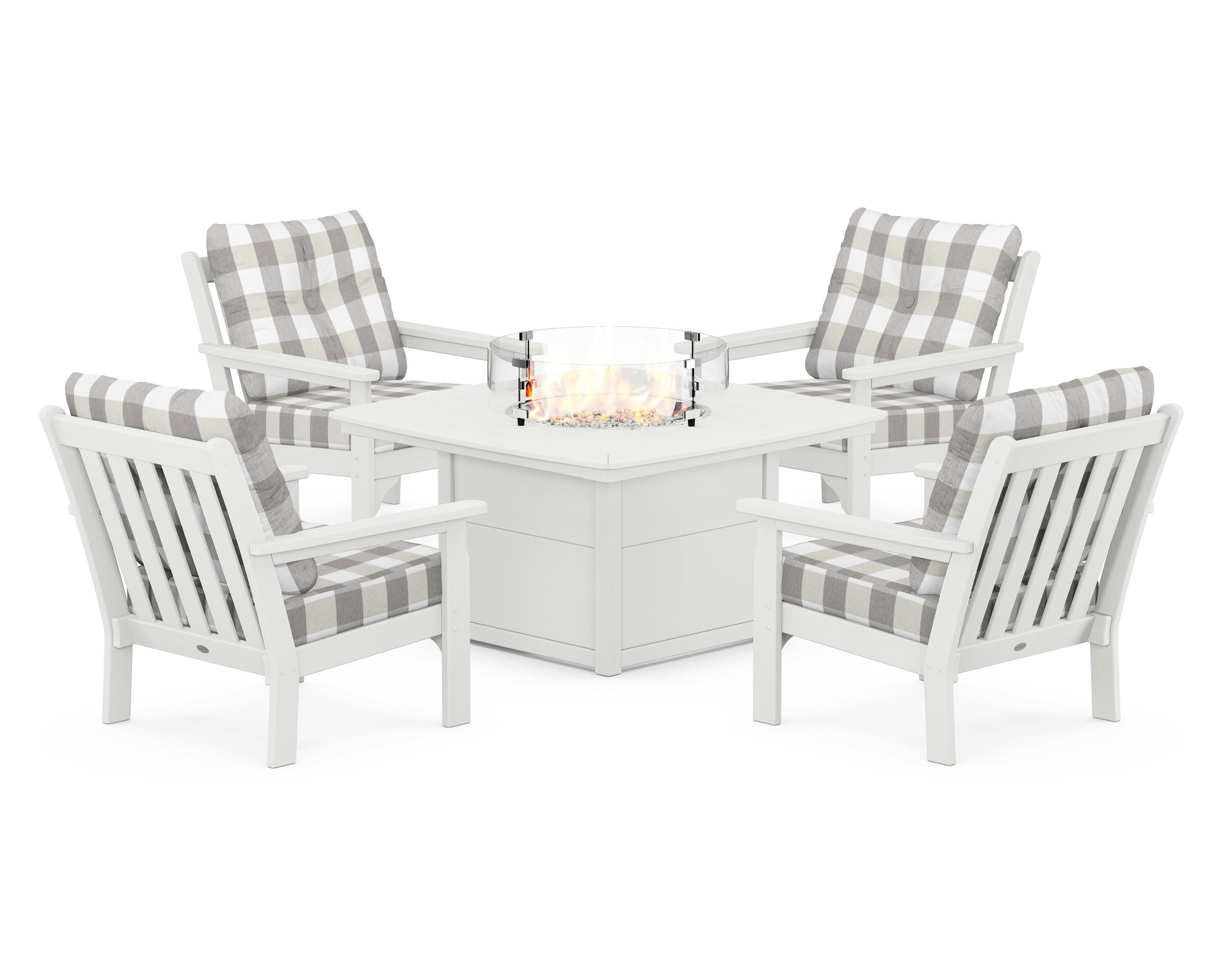 Vineyard 5-Piece Conversation Set with Fire Pit Table in Vintage White / Buffalo Plaid Grey Mist
