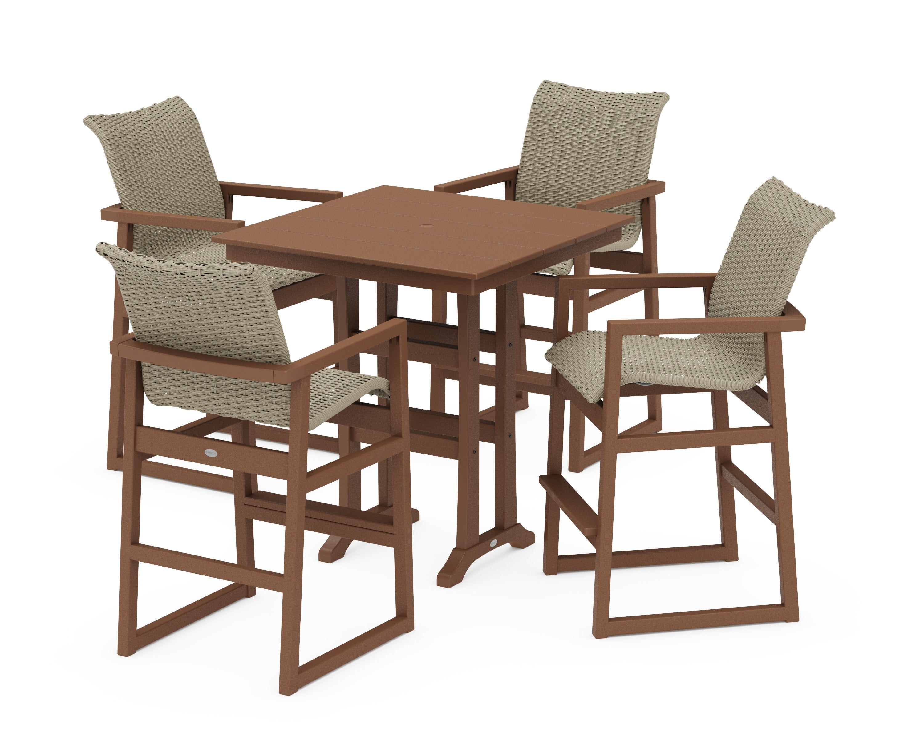 EDGE Woven 5-Piece Farmhouse Bar Set with Trestle Legs in Teak / Dune Grass