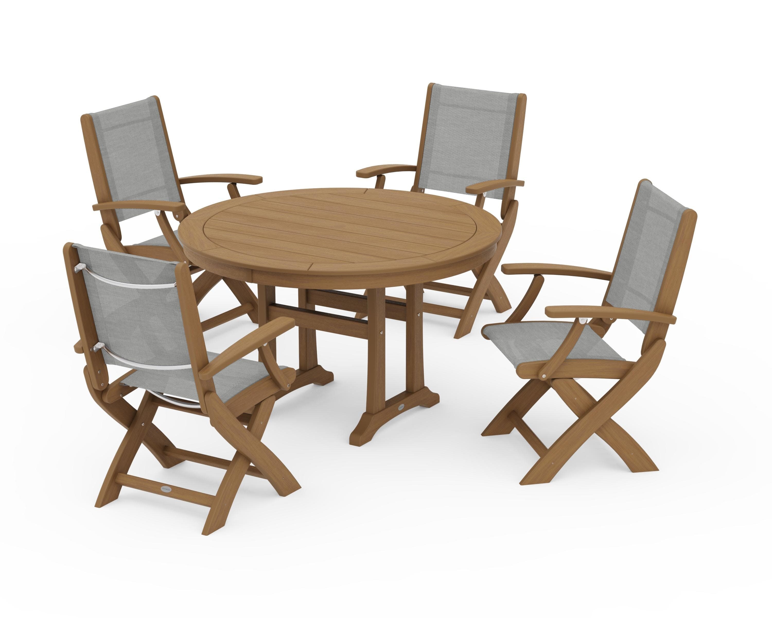 Coastal Folding Chair 5-Piece Round Dining Set with Trestle Legs in Natural / Metallic Sling