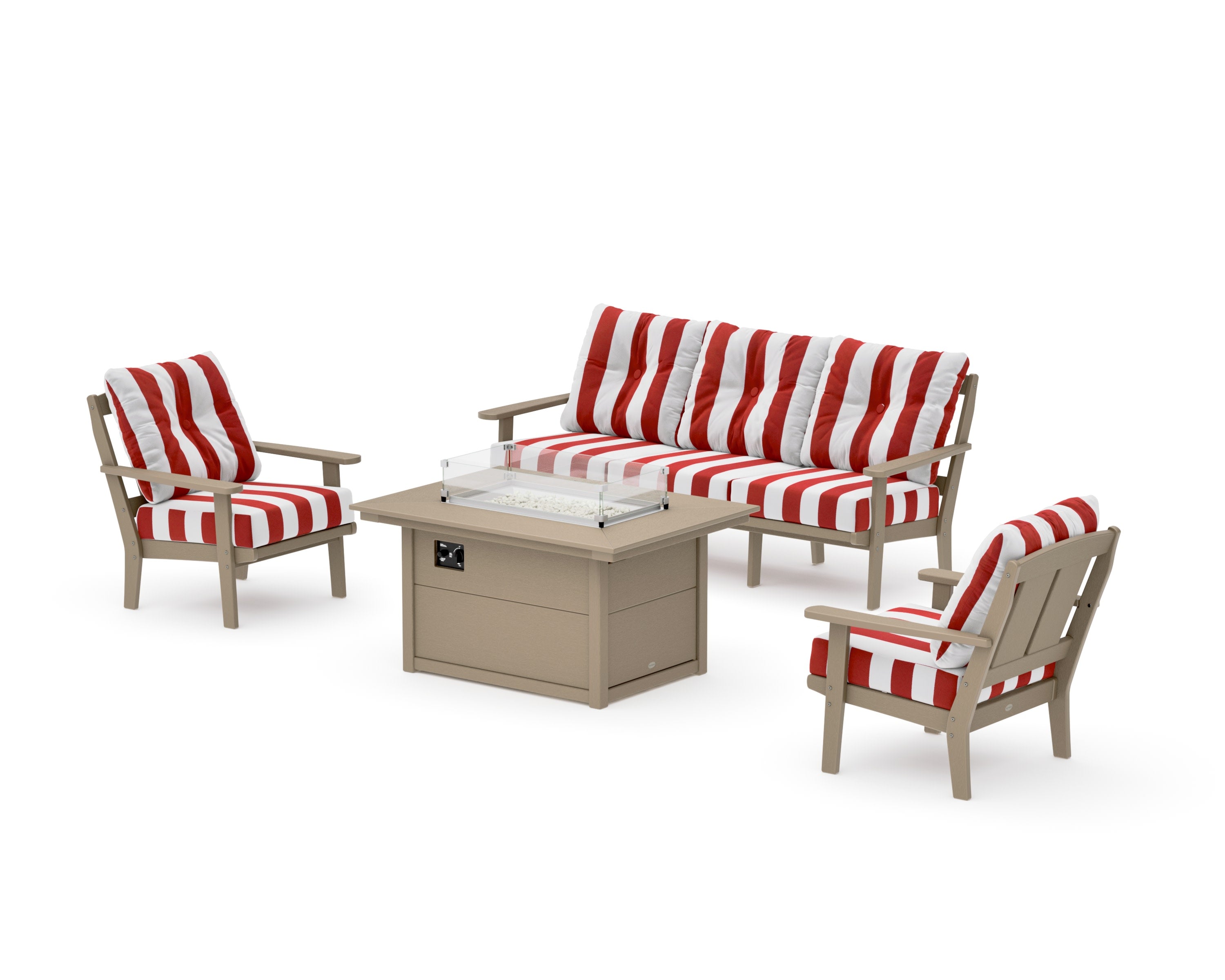 Mission Deep Seating Fire Pit Table Set in Vintage Sahara / Cabana Stripe Crimson