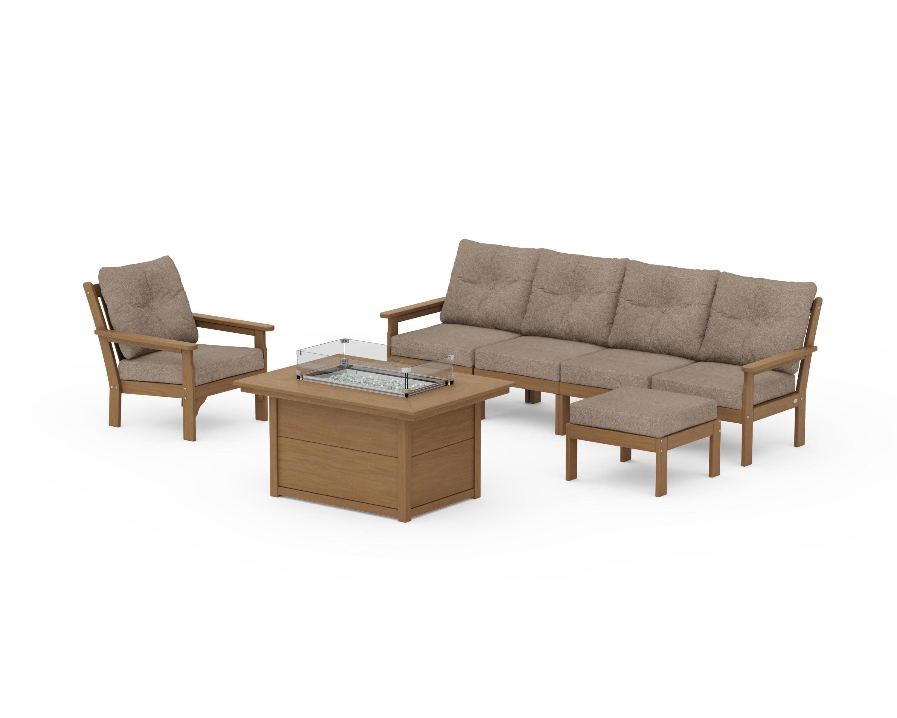 Vineyard Sectional Lounge and Fire Pit Set in Natural / Spiced Burlap