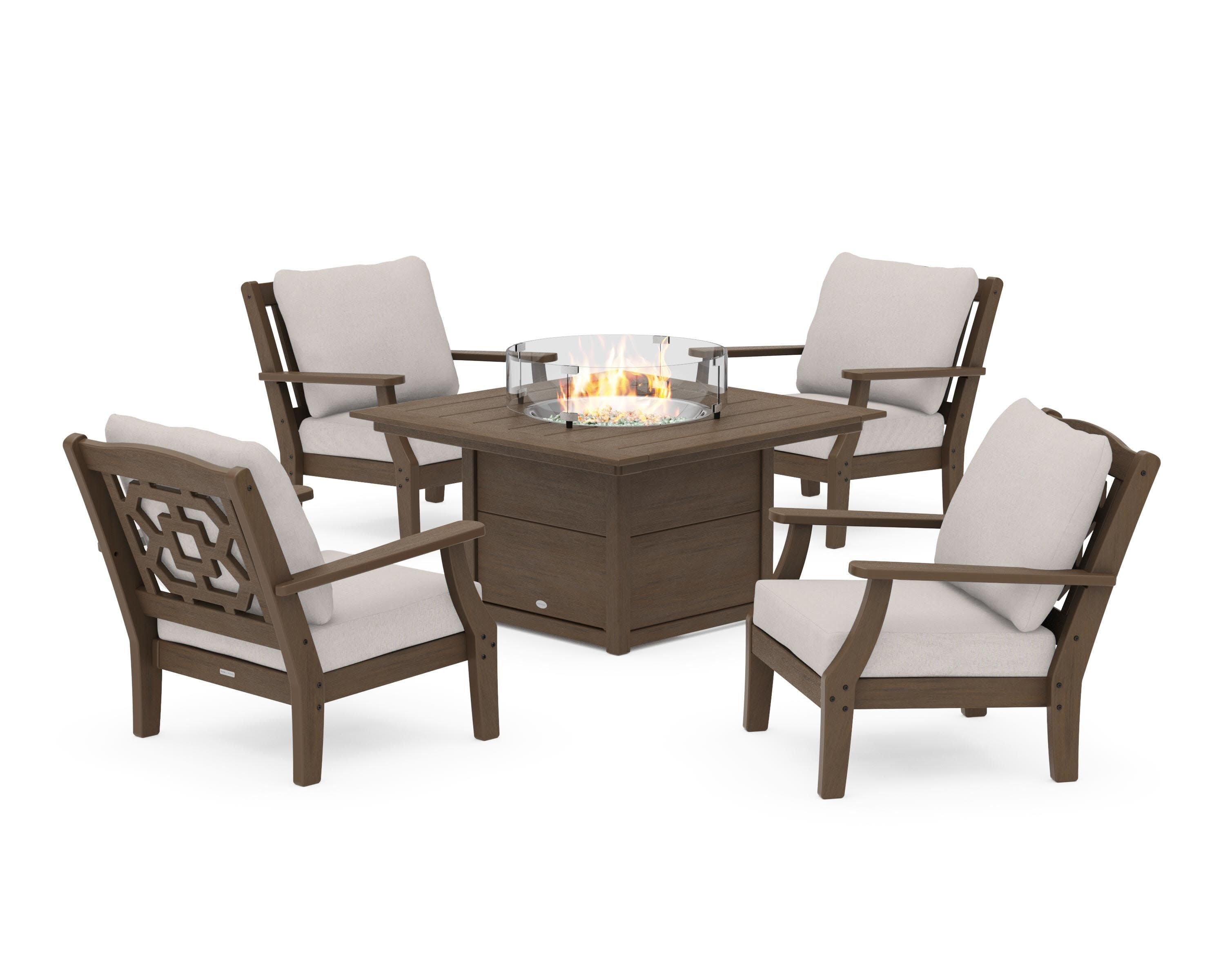 Chinoiserie 5-Piece Deep Seating Set with Fire Pit Table in Kona / Dune Burlap