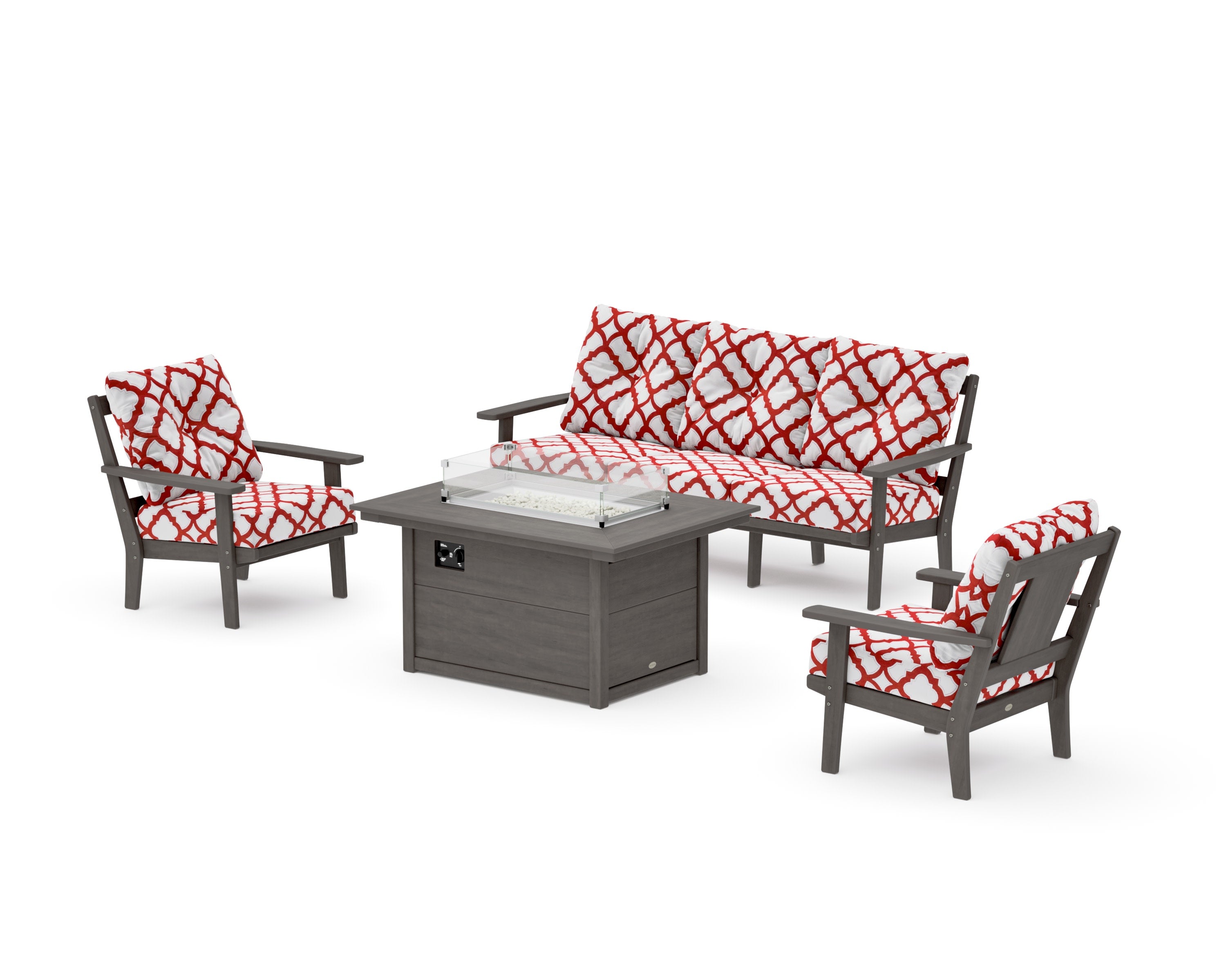 Prairie Deep Seating Fire Pit Table Set in Driftwood / Trellis Crimson