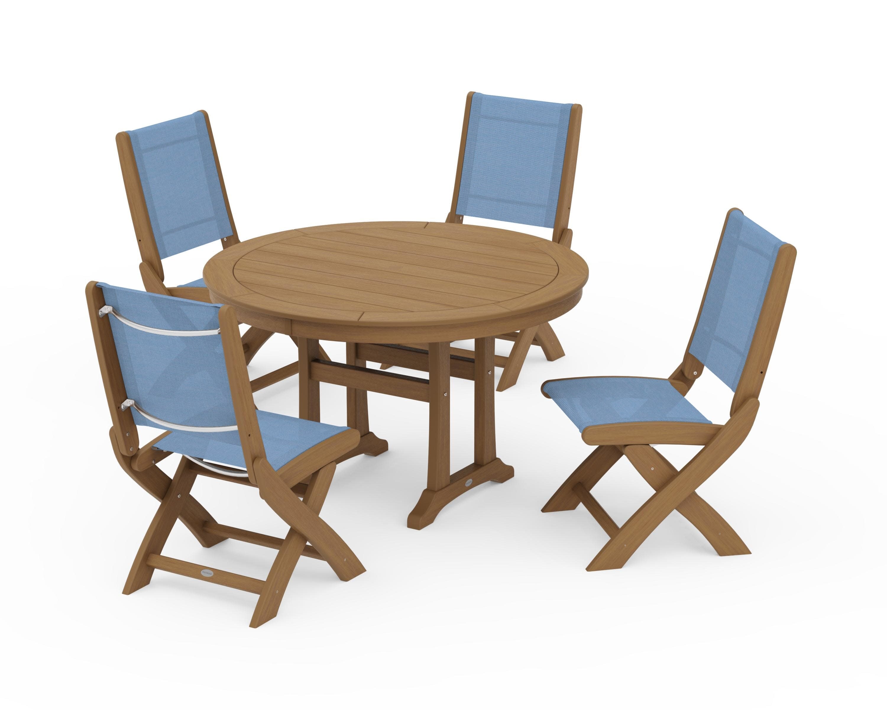 Coastal Folding Side Chair 5-Piece Round Dining Set With Trestle Legs in Natural / Poolside Sling