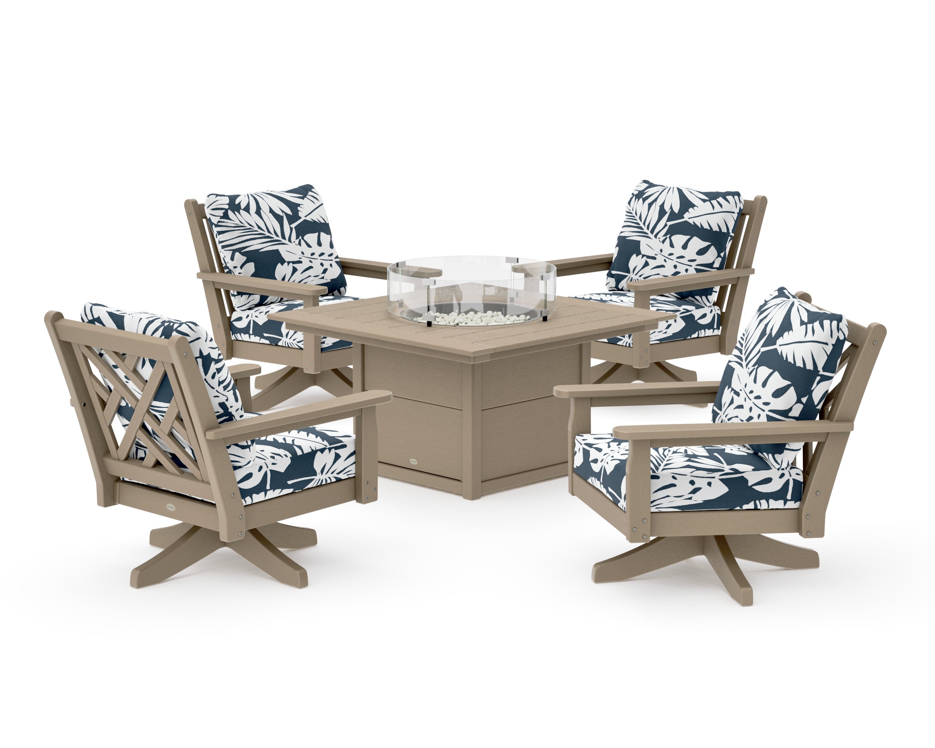 Chippendale 5-Piece Deep Seating Swivel Conversation Set with Fire Pit Table in Vintage Sahara / Leaf Marine Indigo
