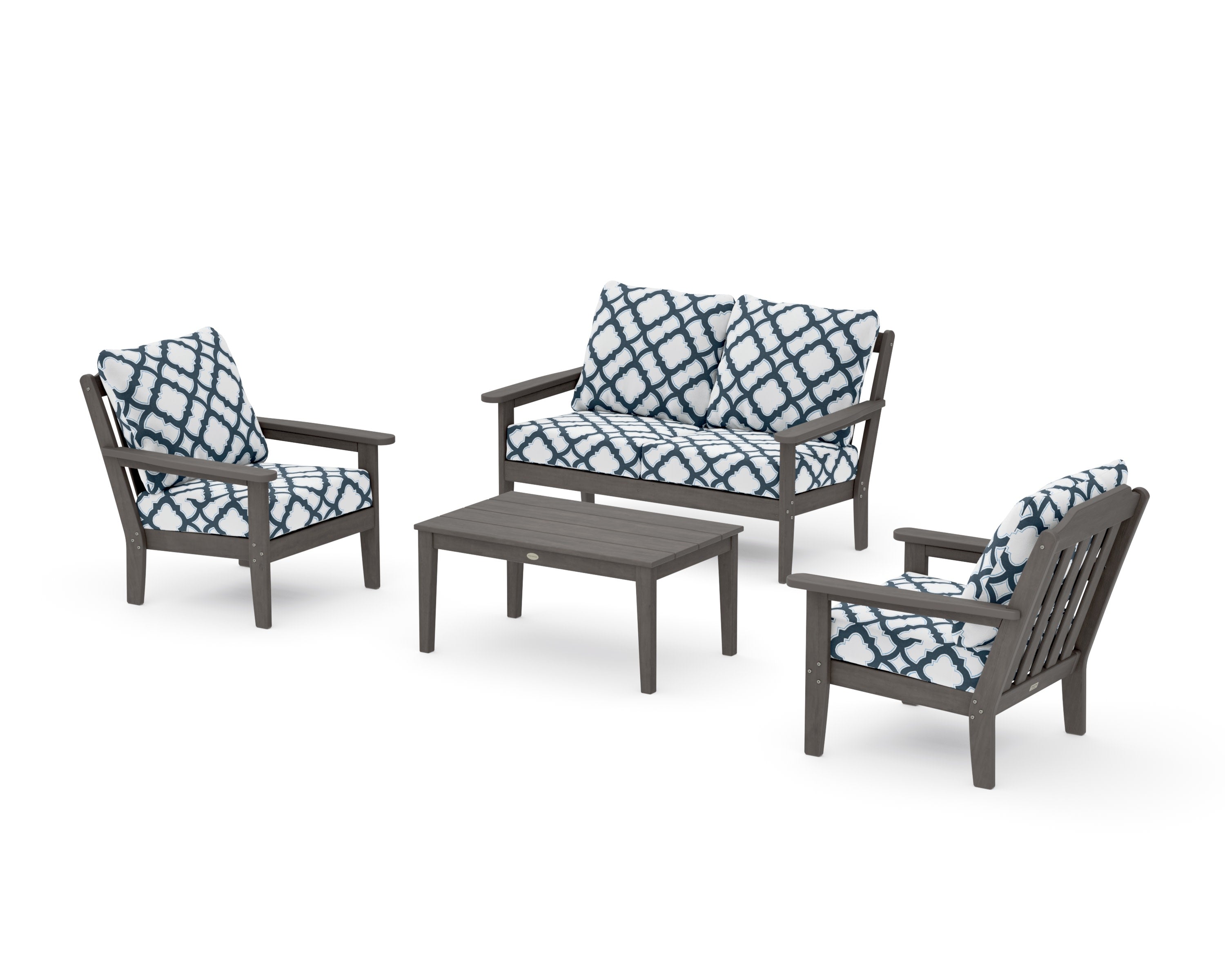 Cottage 4-Piece Deep Seating Set with Loveseat in Driftwood / Trellis Marine Indigo