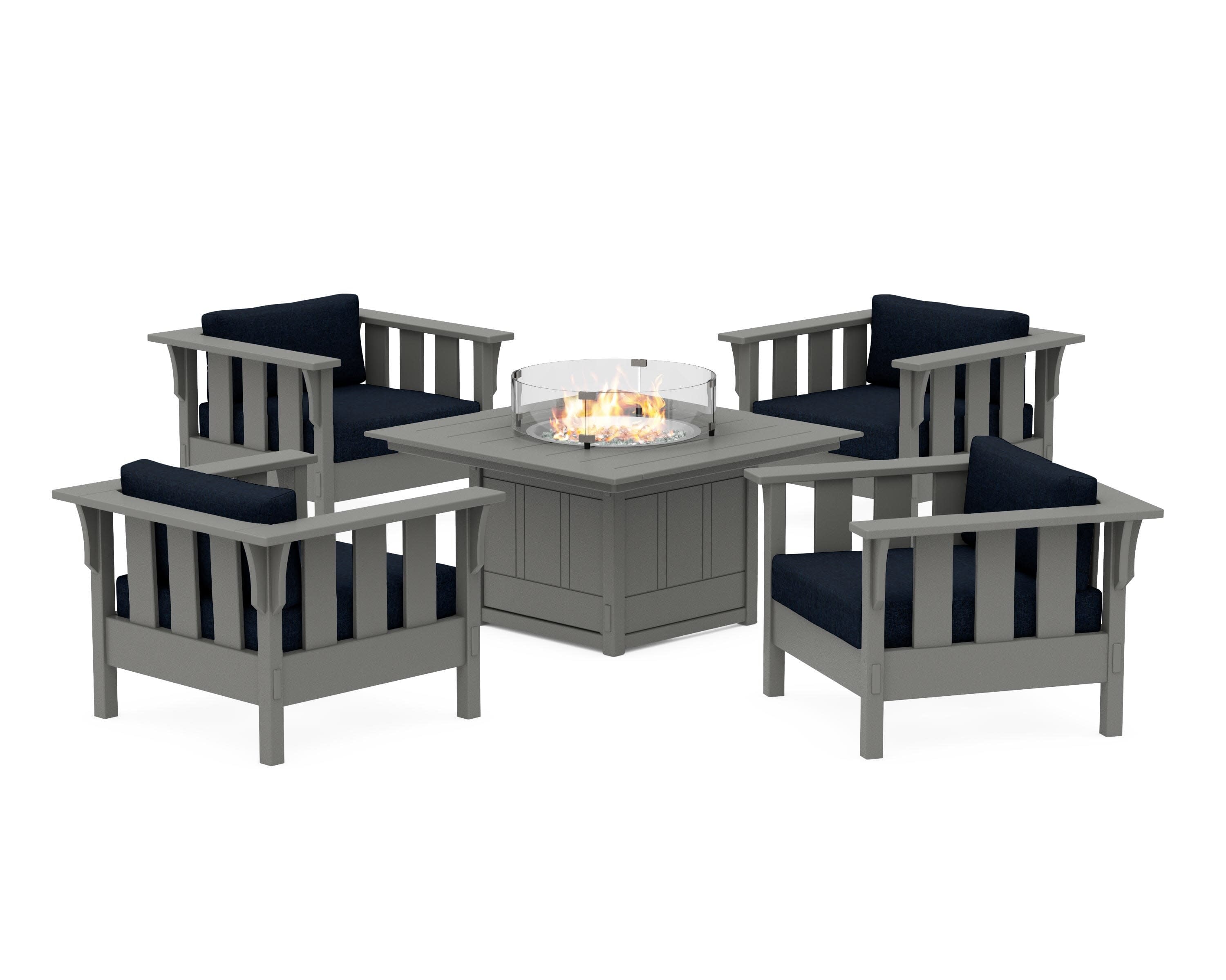 Acadia 5-Piece Deep Seating Set with Fire Pit Table in Slate Grey / Marine Indigo