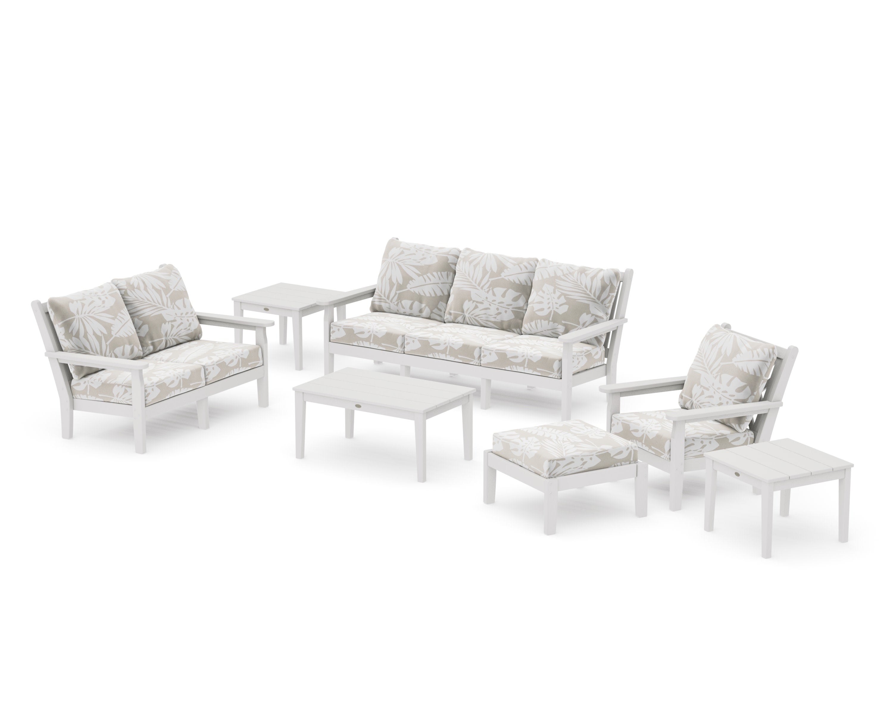 Chippendale 7-Piece Deep Seating Set in Vintage White / Leaf Dune Burlap