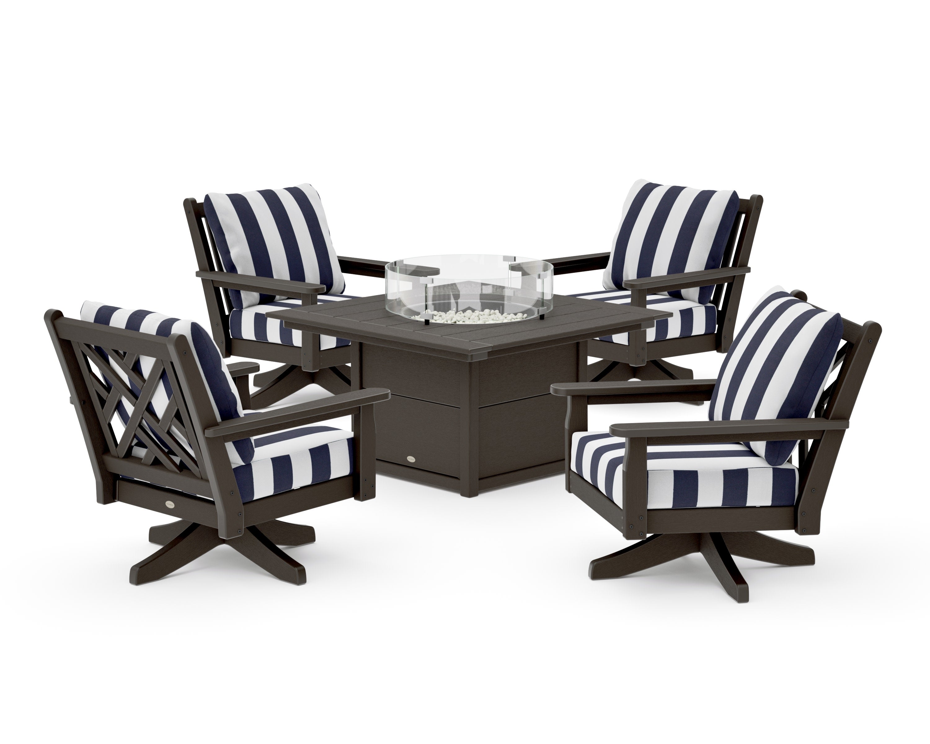 Chippendale 5-Piece Deep Seating Swivel Conversation Set with Fire Pit Table in Vintage Coffee / Cabana Stripe Navy