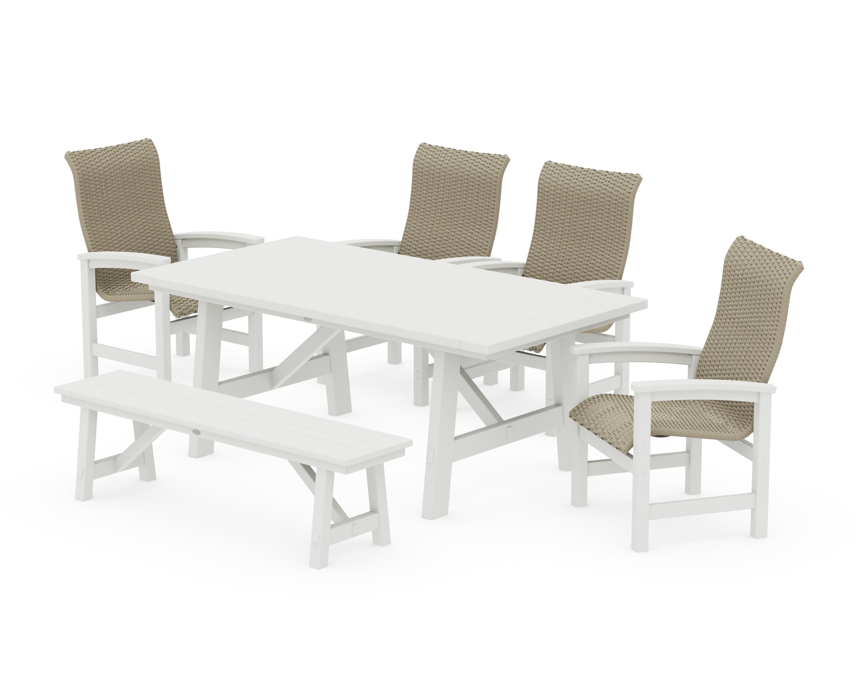 Coastal Woven High-Back 6-Piece Rustic Farmhouse Dining Set with Bench in Vintage White / Dune Grass