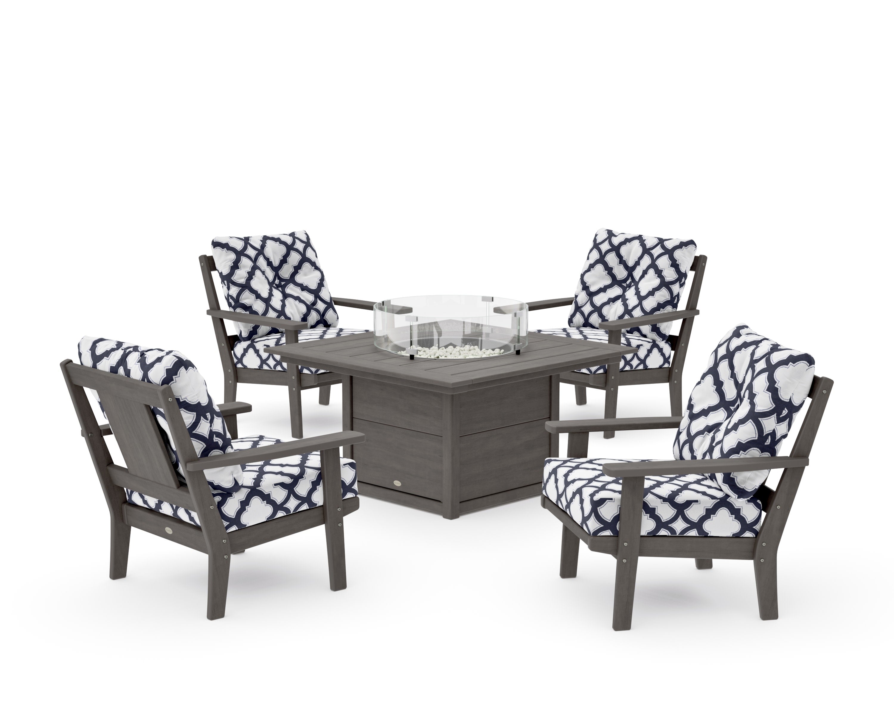 Prairie 5-Piece Deep Seating Set with Fire Pit Table in Driftwood / Trellis Navy