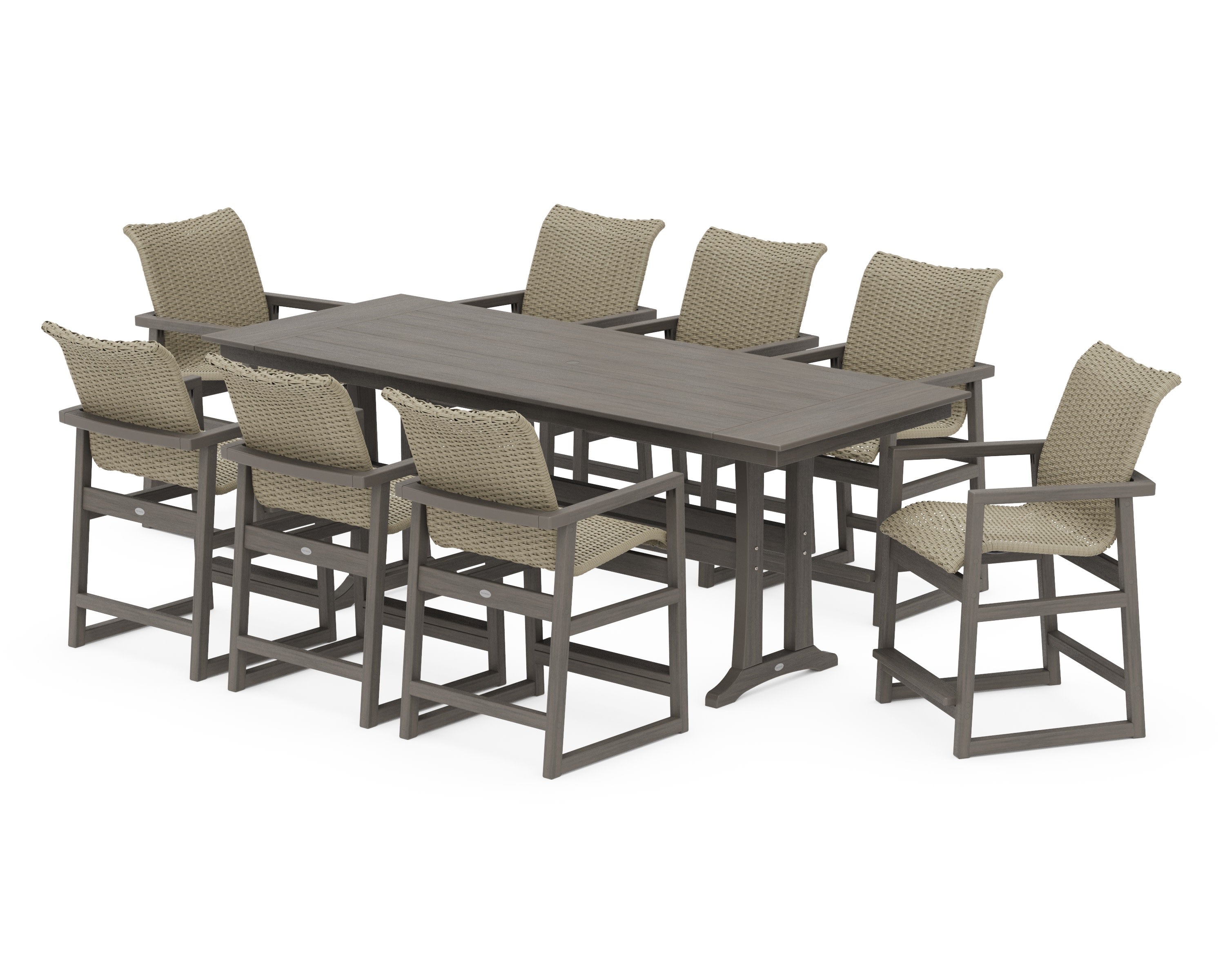 EDGE Woven 9-Piece Farmhouse Counter Set with Trestle Legs in Driftwood / Dune Grass