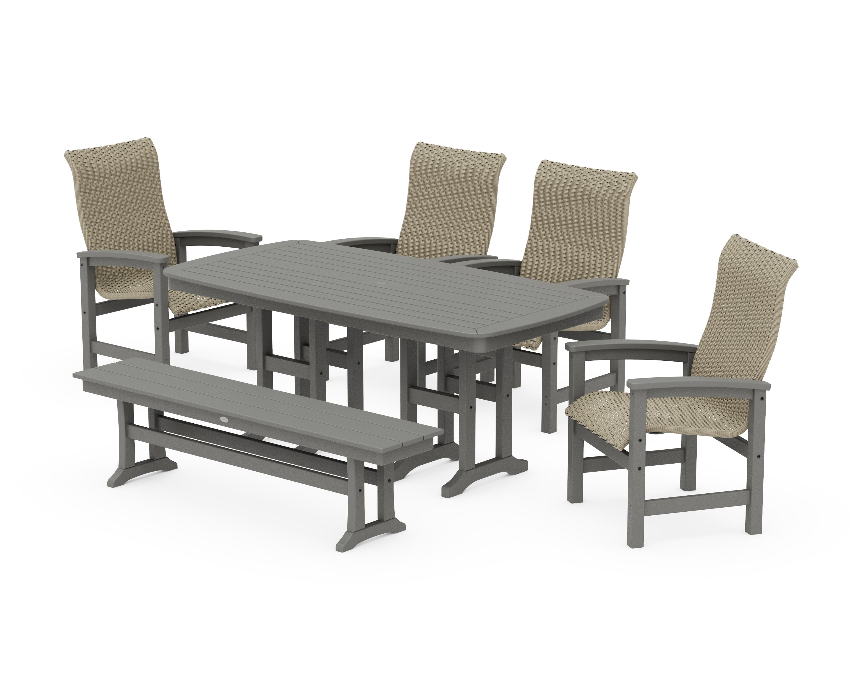 Coastal Woven High-Back 6-Piece Farmhouse Dining Set with Bench