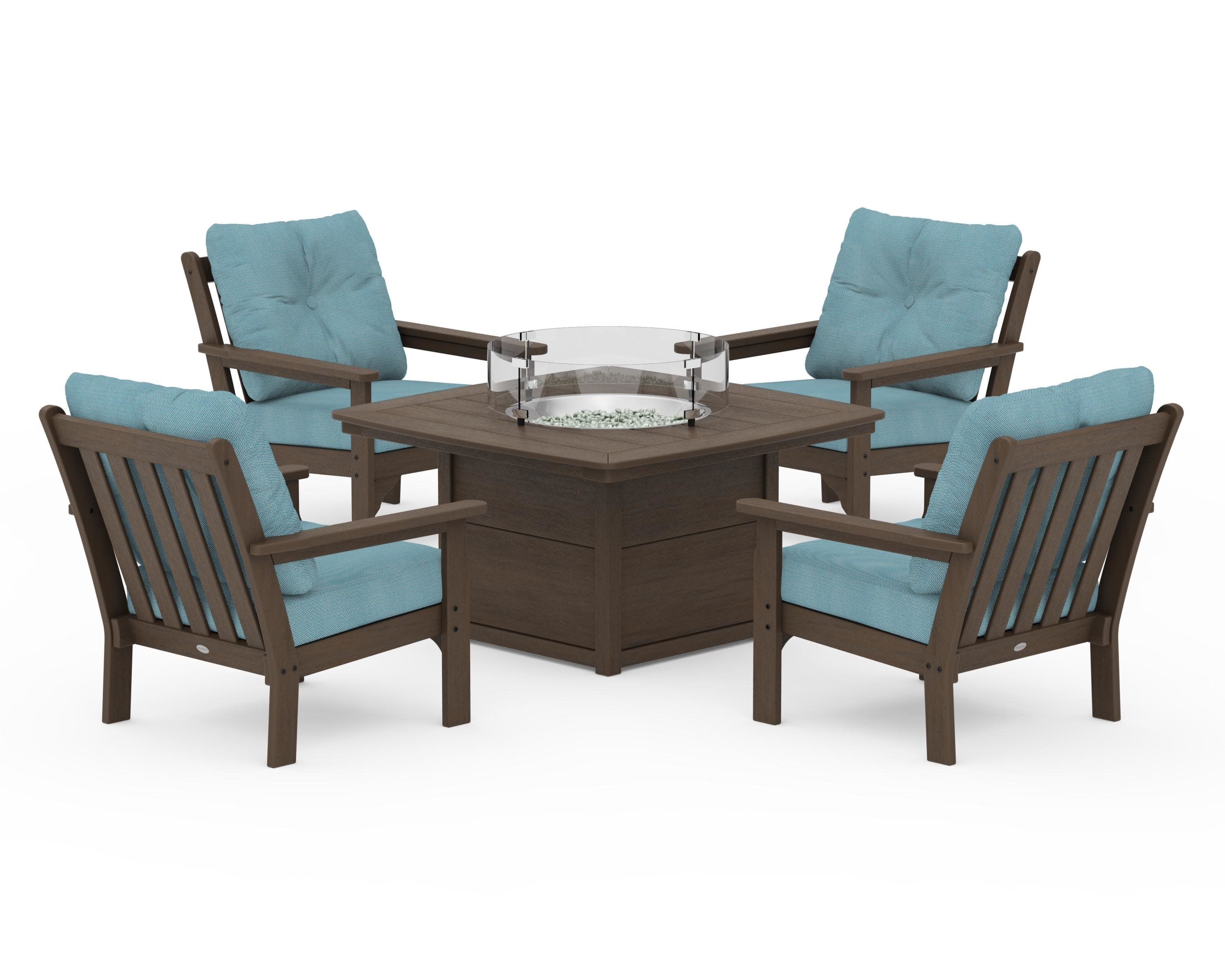 Vineyard 5-Piece Conversation Set with Fire Pit Table in Kona / Lattice Sky Blue