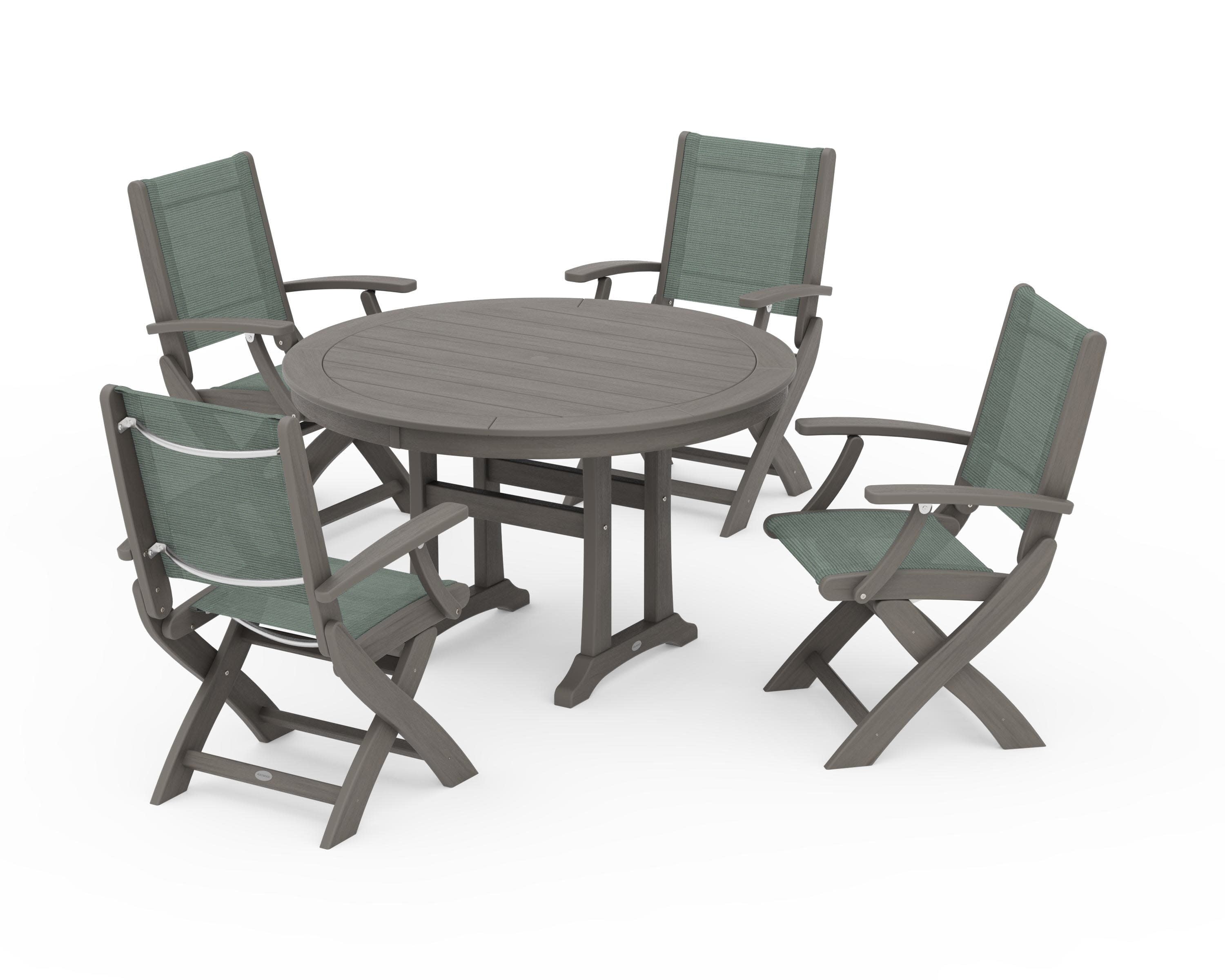 Coastal Folding Chair 5-Piece Round Dining Set with Trestle Legs in Driftwood / Dupioni Sea Mist Sling