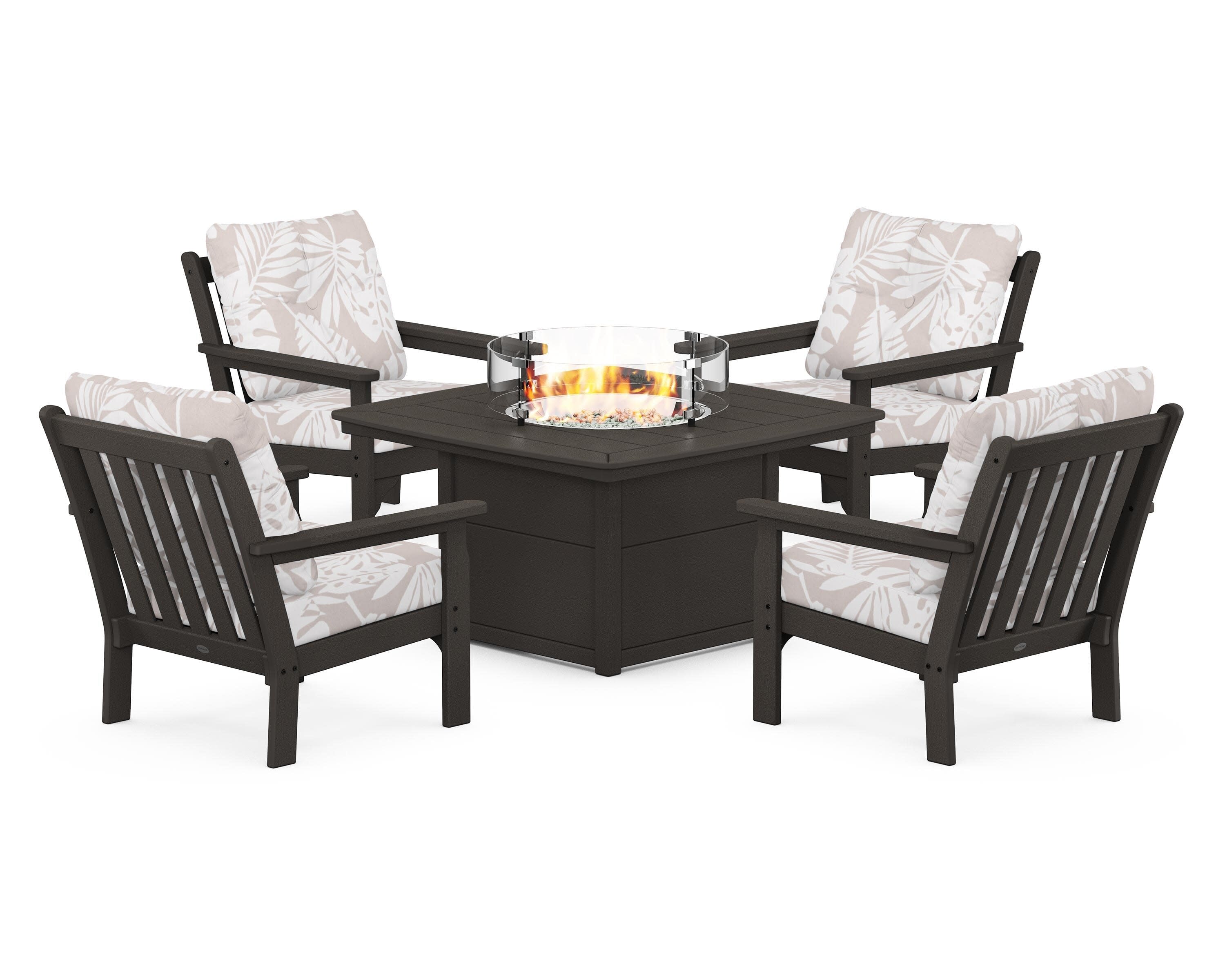Vineyard 5-Piece Conversation Set with Fire Pit Table in Vintage Coffee / Leaf Dune Burlap