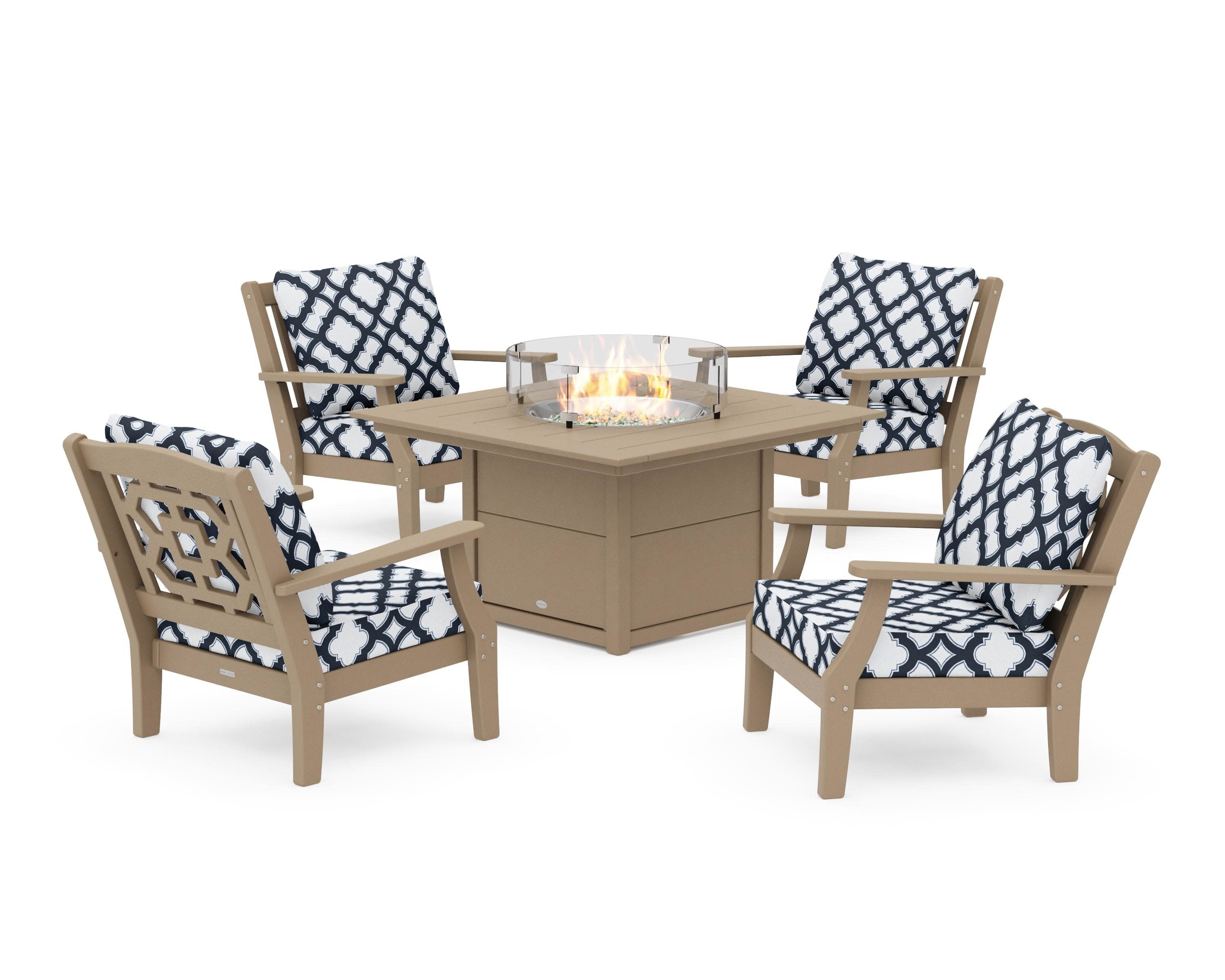 Chinoiserie 5-Piece Deep Seating Set with Fire Pit Table in Vintage Sahara / Trellis Marine Indigo