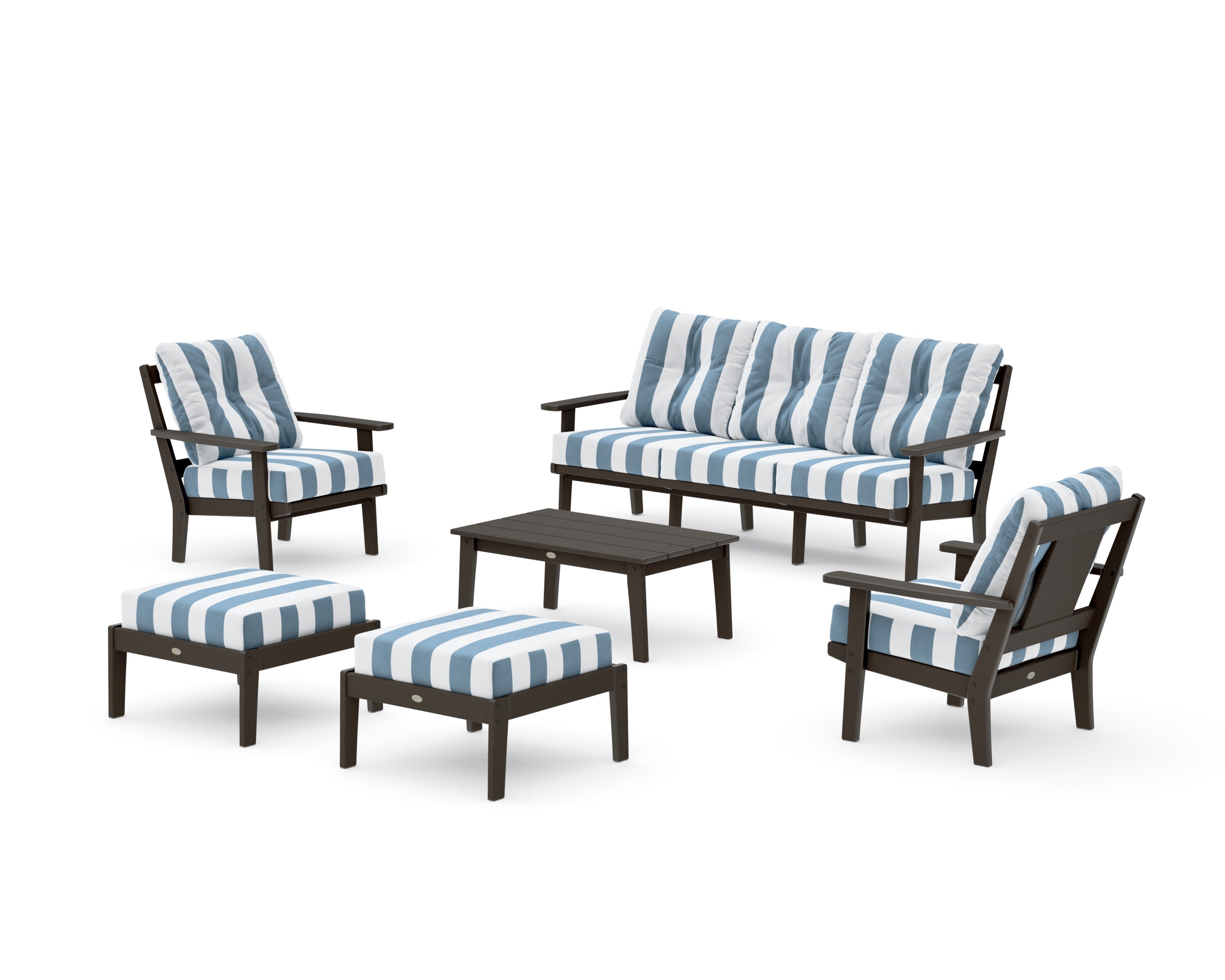Prairie 6-Piece Lounge Sofa Set in Vintage Coffee / Cabana Stripe Sky Blue