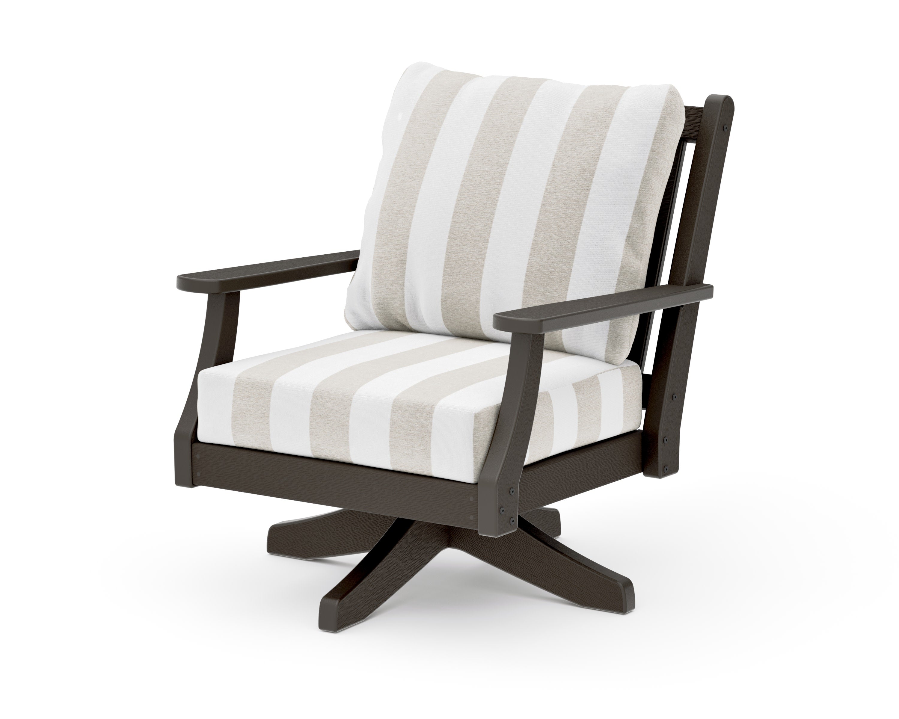 Wovendale Deep Seating Swivel Chair in Vintage Coffee / Cabana Stripe Dune Burlap