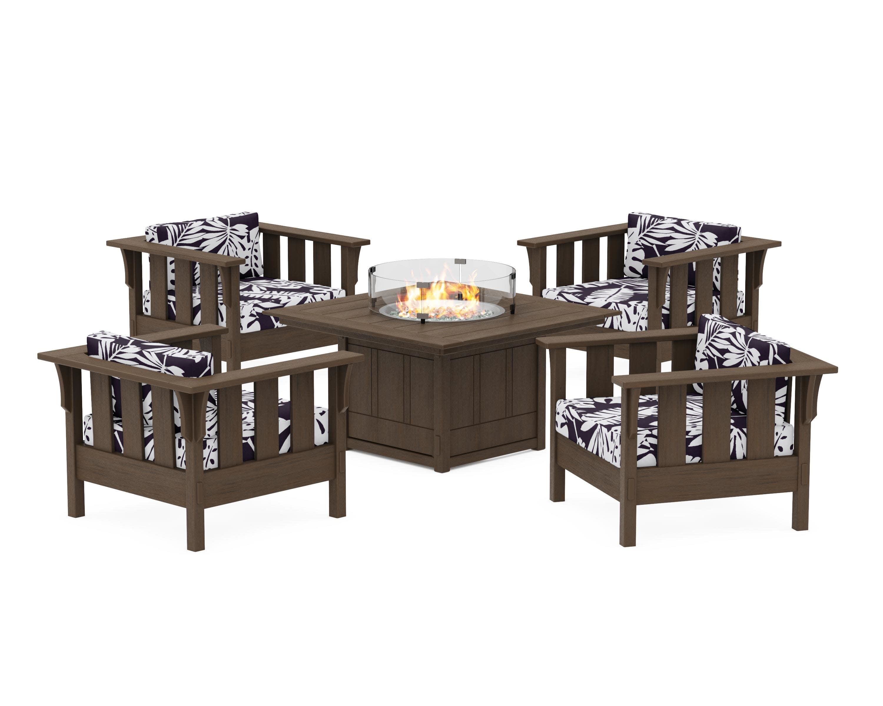 Acadia 5-Piece Deep Seating Set with Fire Pit Table in Kona / Leaf Navy