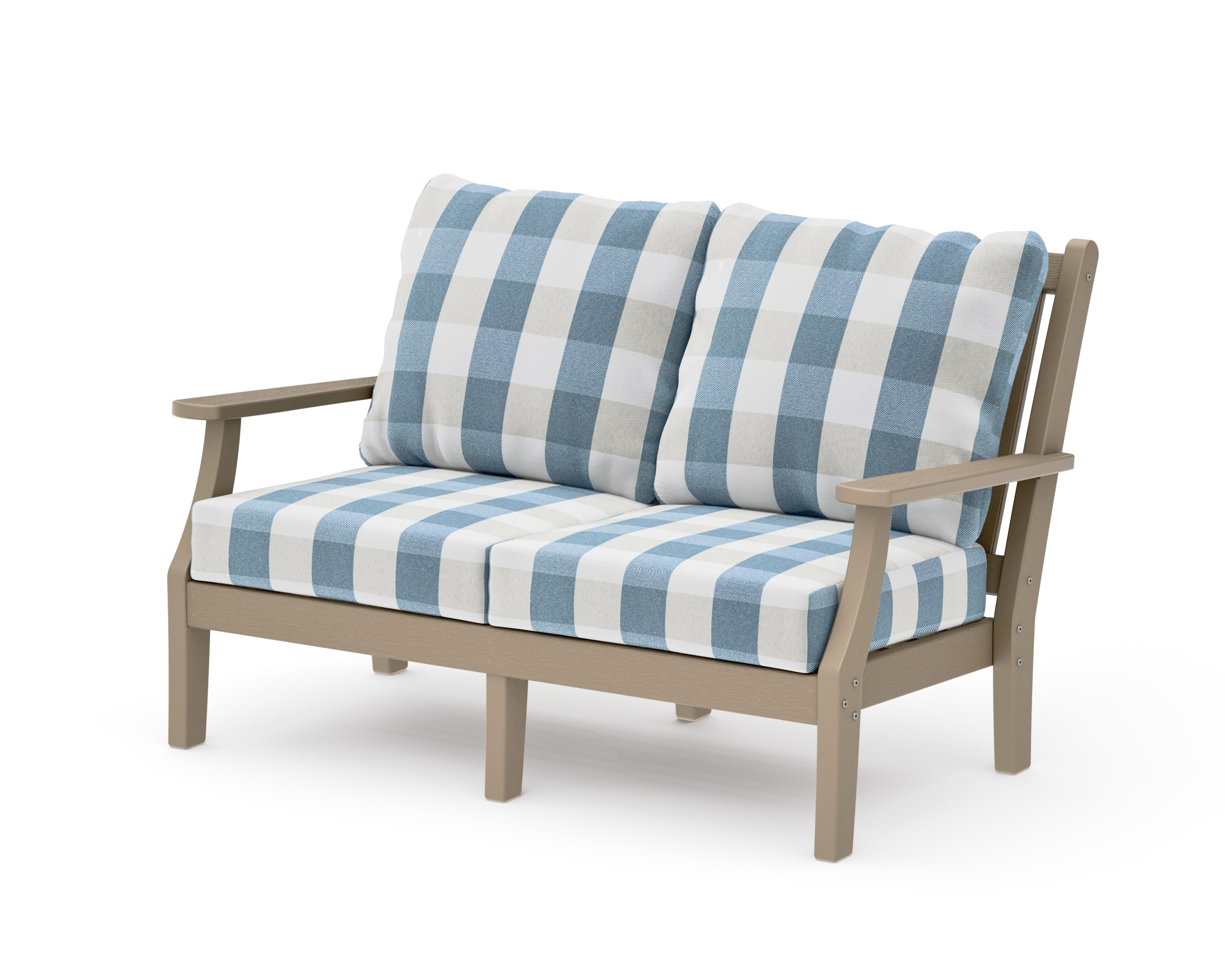 Wovendale Deep Seating Loveseat in Vintage Sahara / Buffalo Plaid Sky Blue