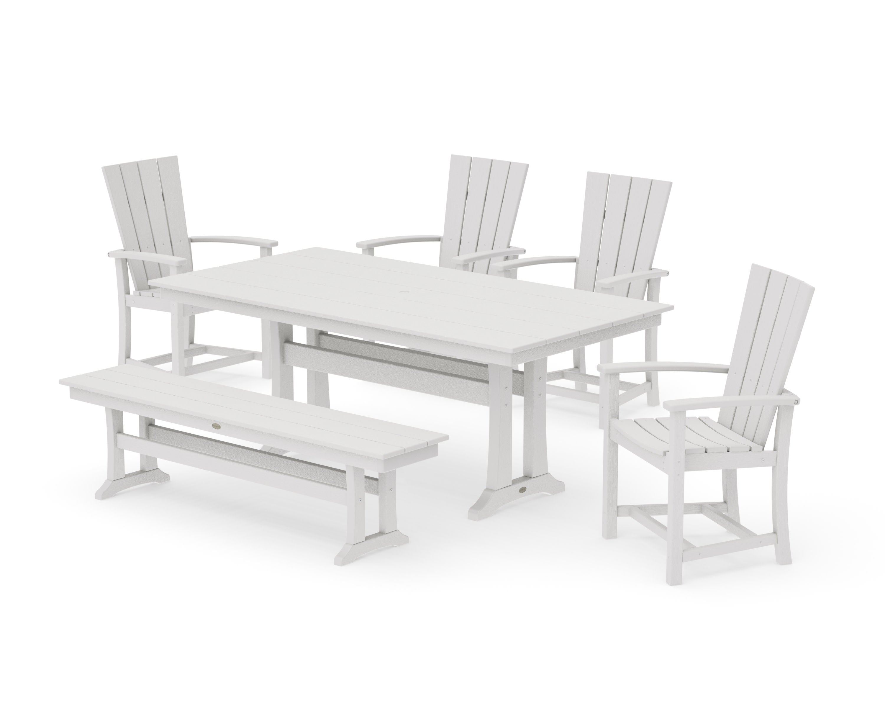 Quattro 6-Piece Farmhouse Dining Set with Trestle Legs and Bench in Vintage White