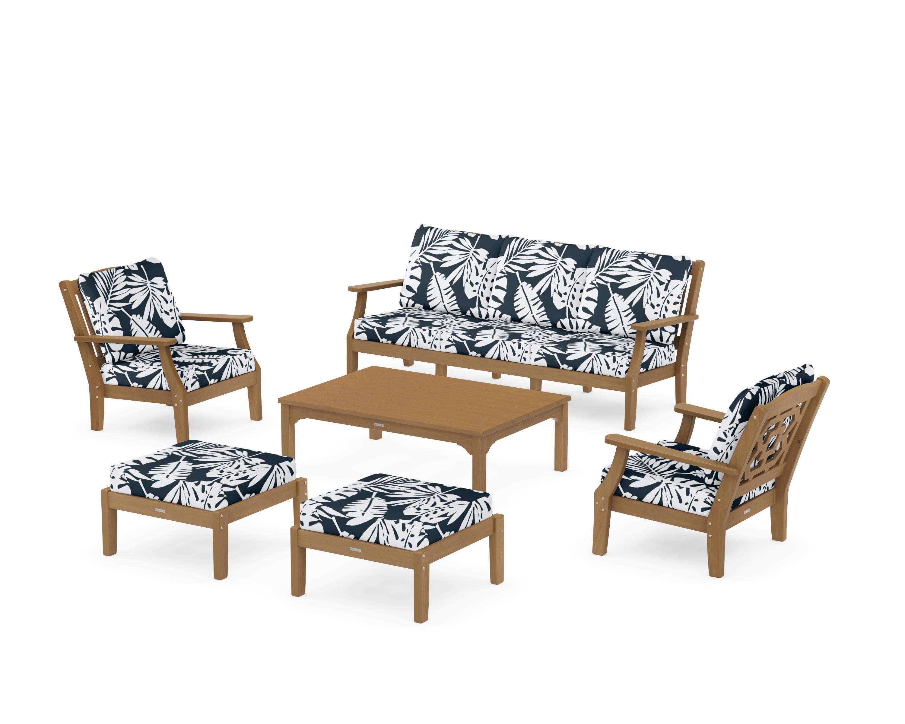 Chinoiserie 6-Piece Lounge Sofa Set in Natural / Leaf Marine Indigo