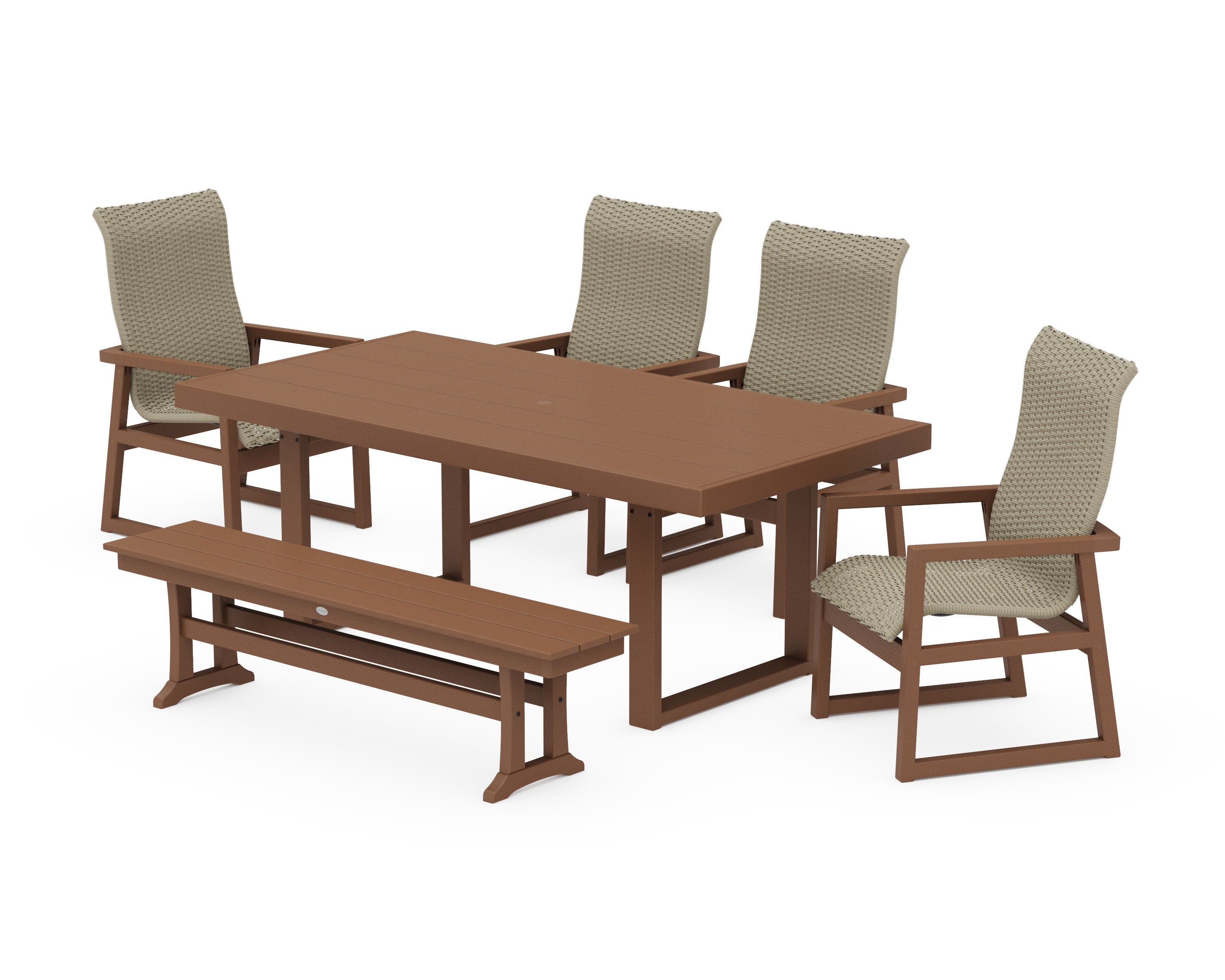 EDGE Woven Highback 6-Piece Dining Set with Bench in Teak / Dune Grass