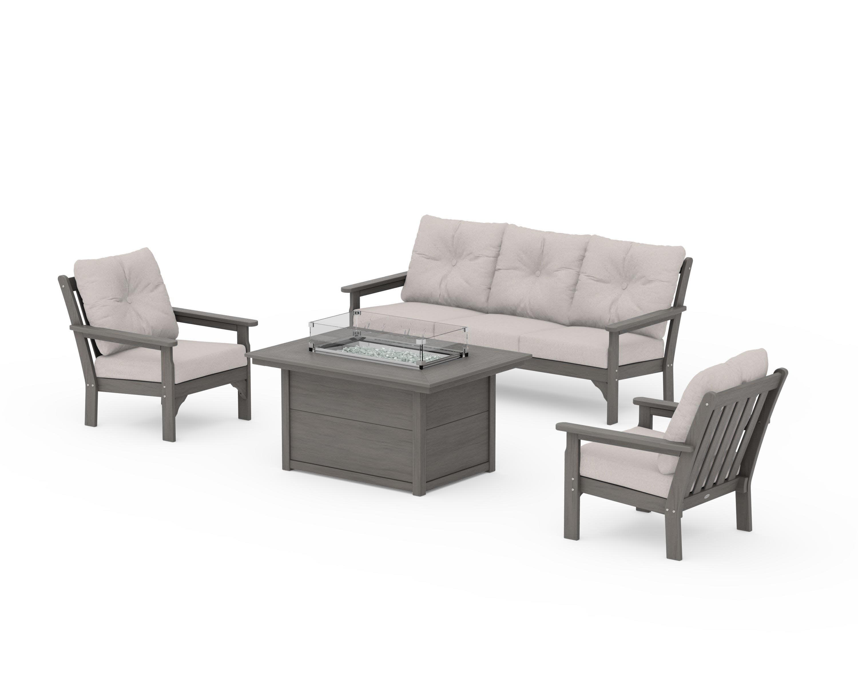 Vineyard Deep Seating Fire Pit Table Set in Driftwood / Dune Burlap