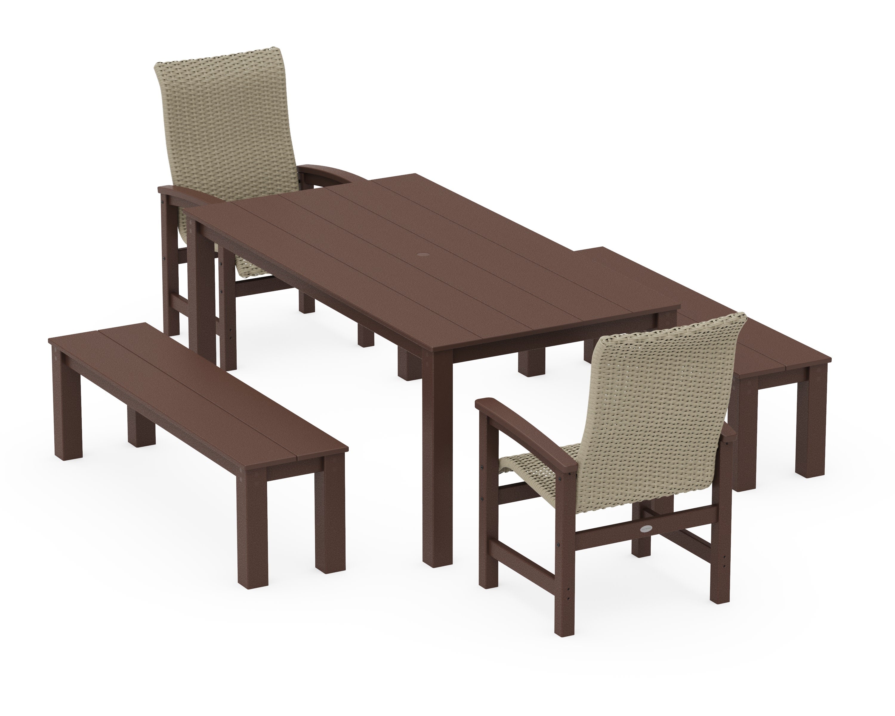 Coastal Woven High-Back 5-Piece Parsons Dining Set with Benches in Mahogany / Dune Grass