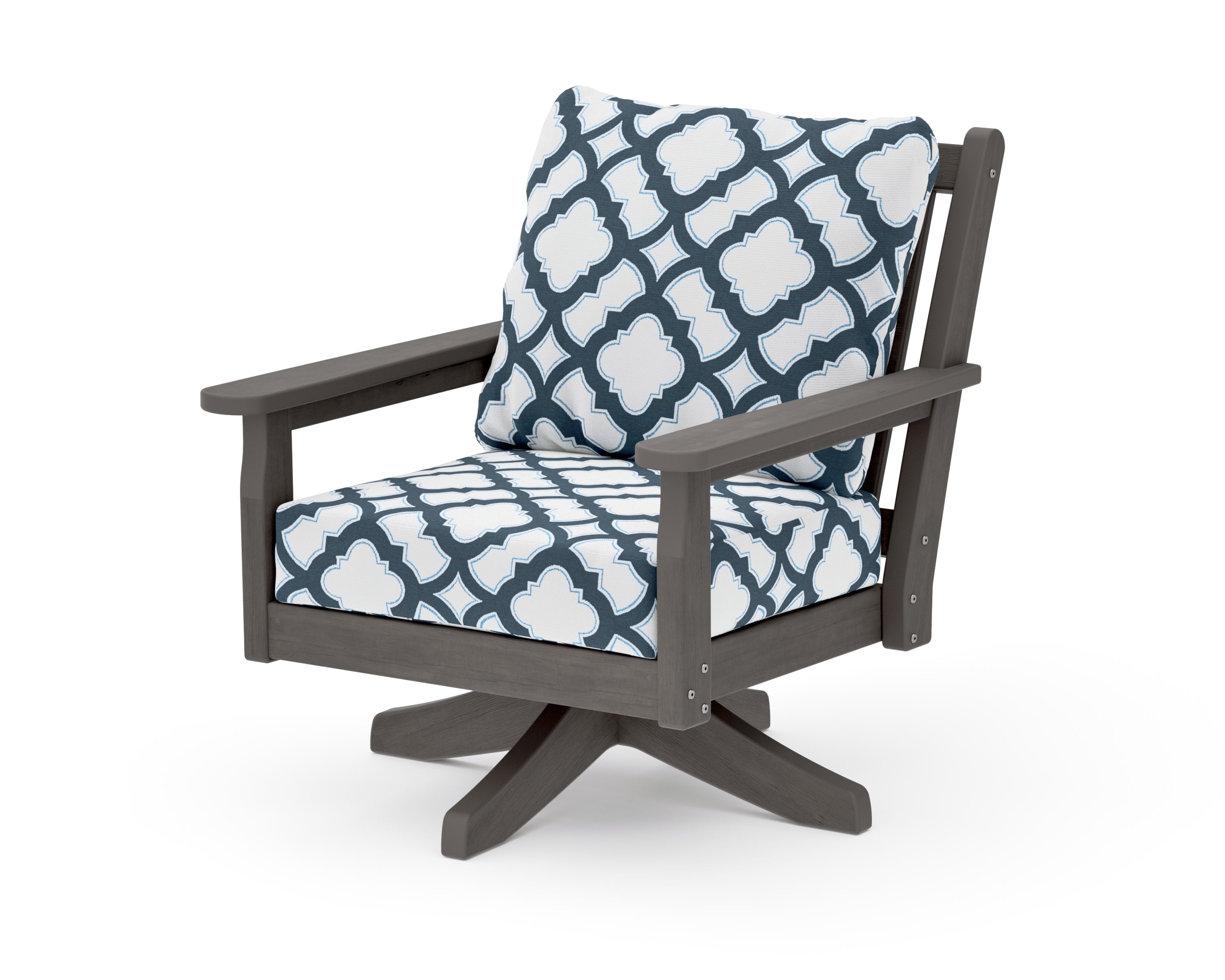 Chippendale Deep Seating Swivel Chair in Driftwood / Trellis Marine Indigo