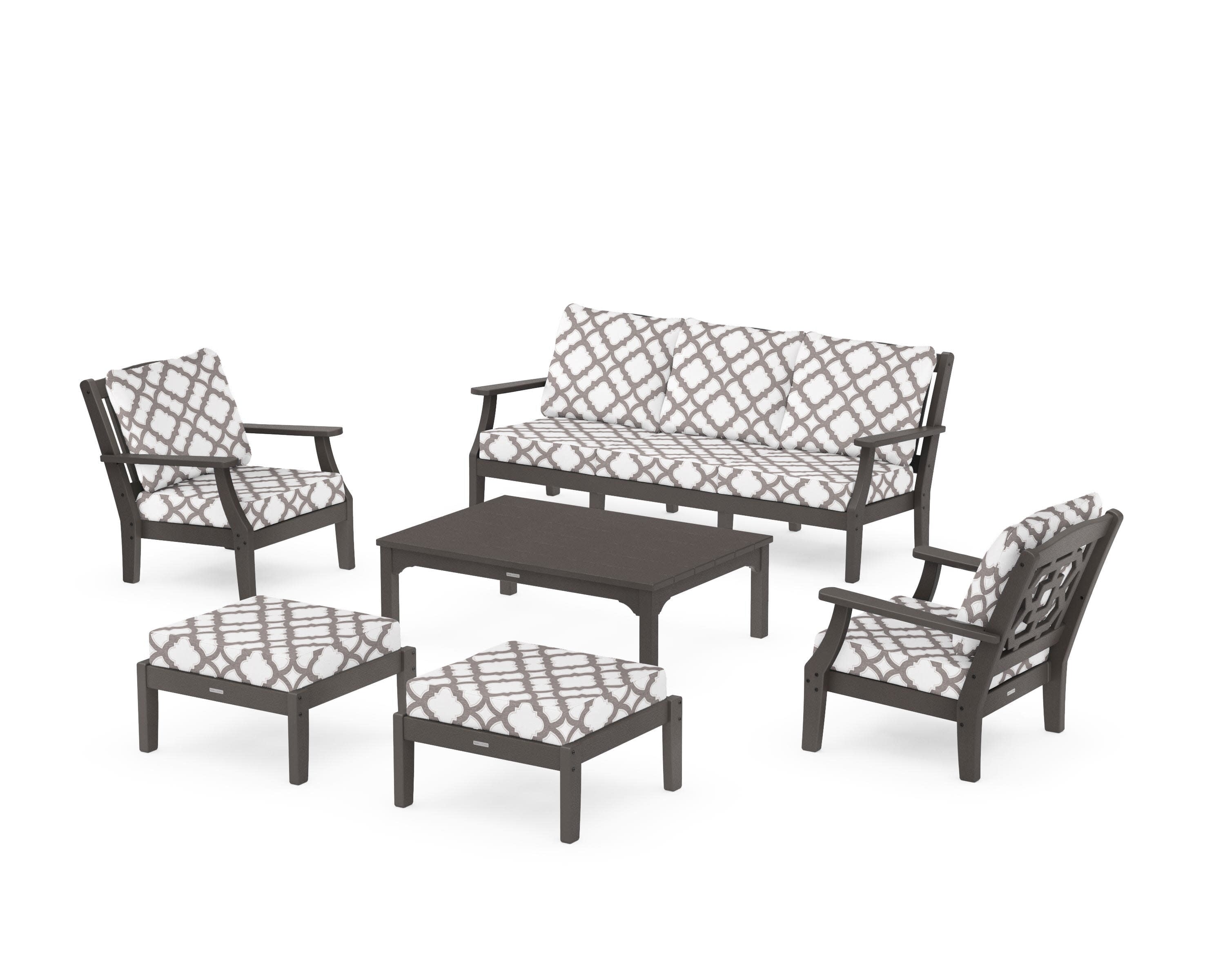 Chinoiserie 6-Piece Lounge Sofa Set in Vintage Coffee / Trellis Grey Mist