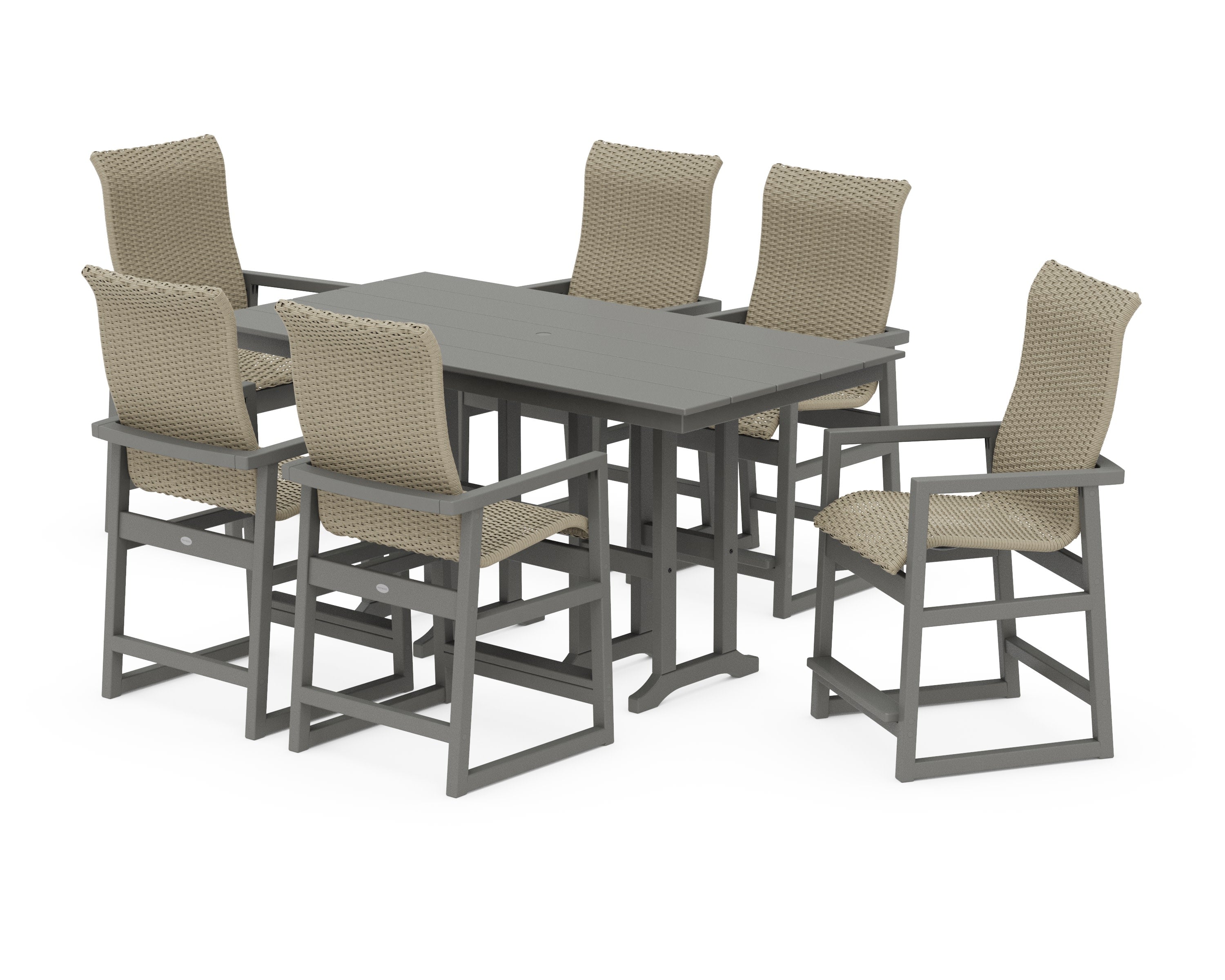 EDGE Woven Highback Arm Chair 7-Piece Farmhouse Counter Set in Slate Grey / Dune Grass