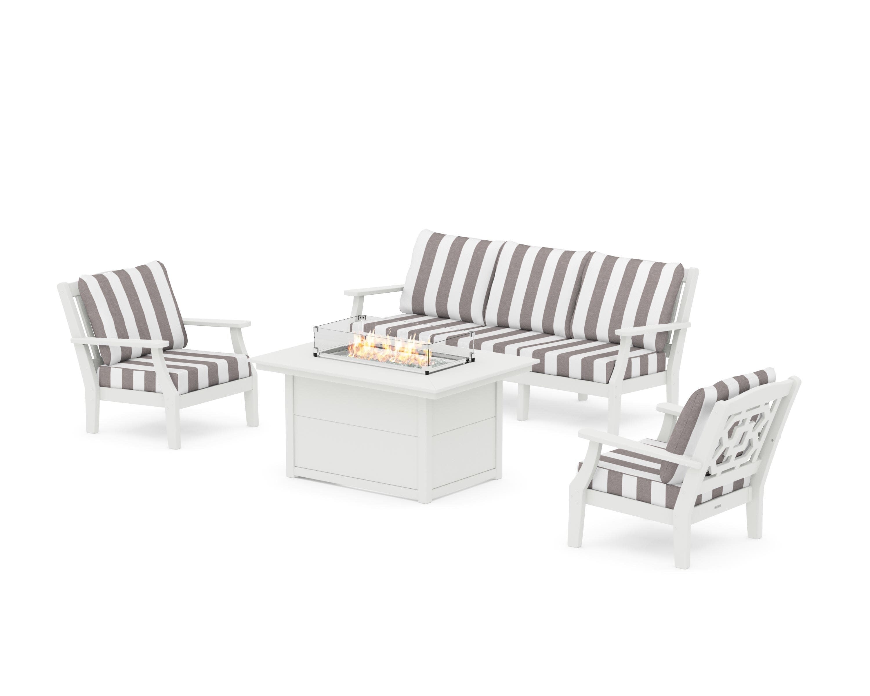 Chinoiserie Deep Seating Fire Pit Table Set in Vintage White / Cabana Stripe Grey Mist