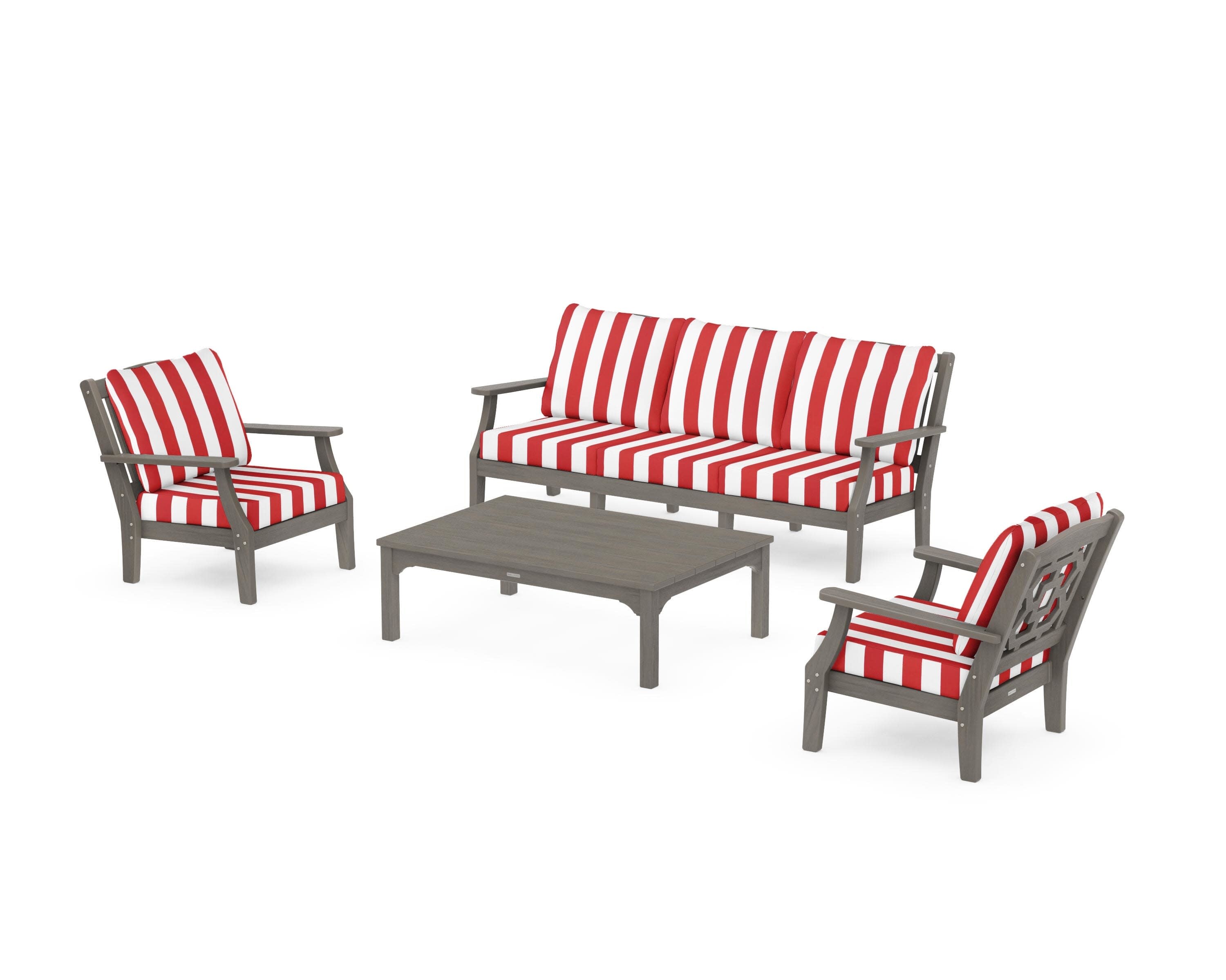 Chinoiserie 4-Piece Deep Seating Set with Sofa in Driftwood / Cabana Stripe Crimson