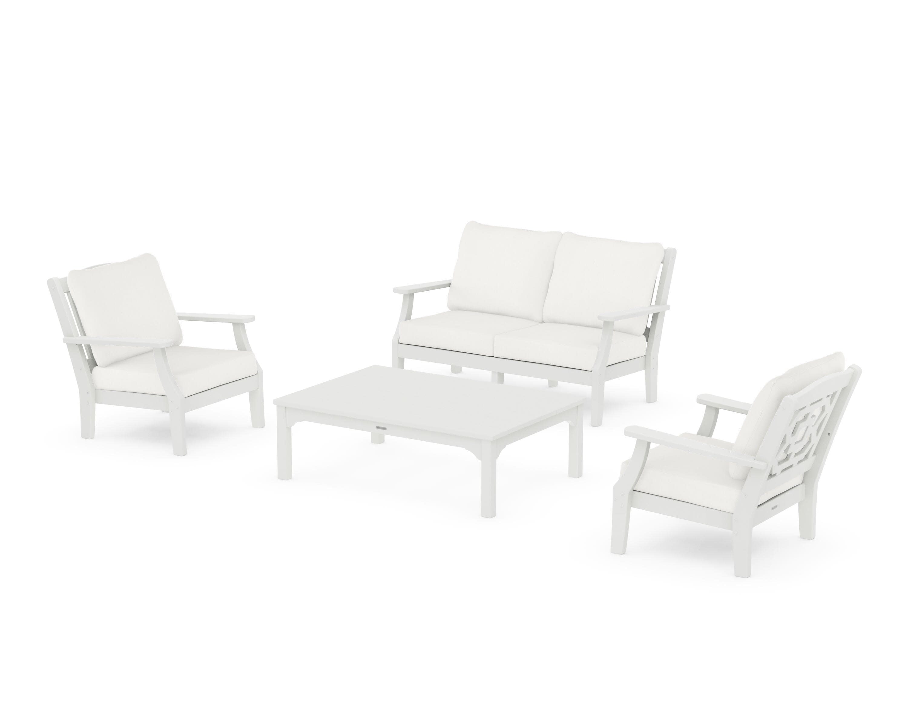 Chinoiserie 4-Piece Deep Seating Set with Loveseat in Vintage White / Natural Linen
