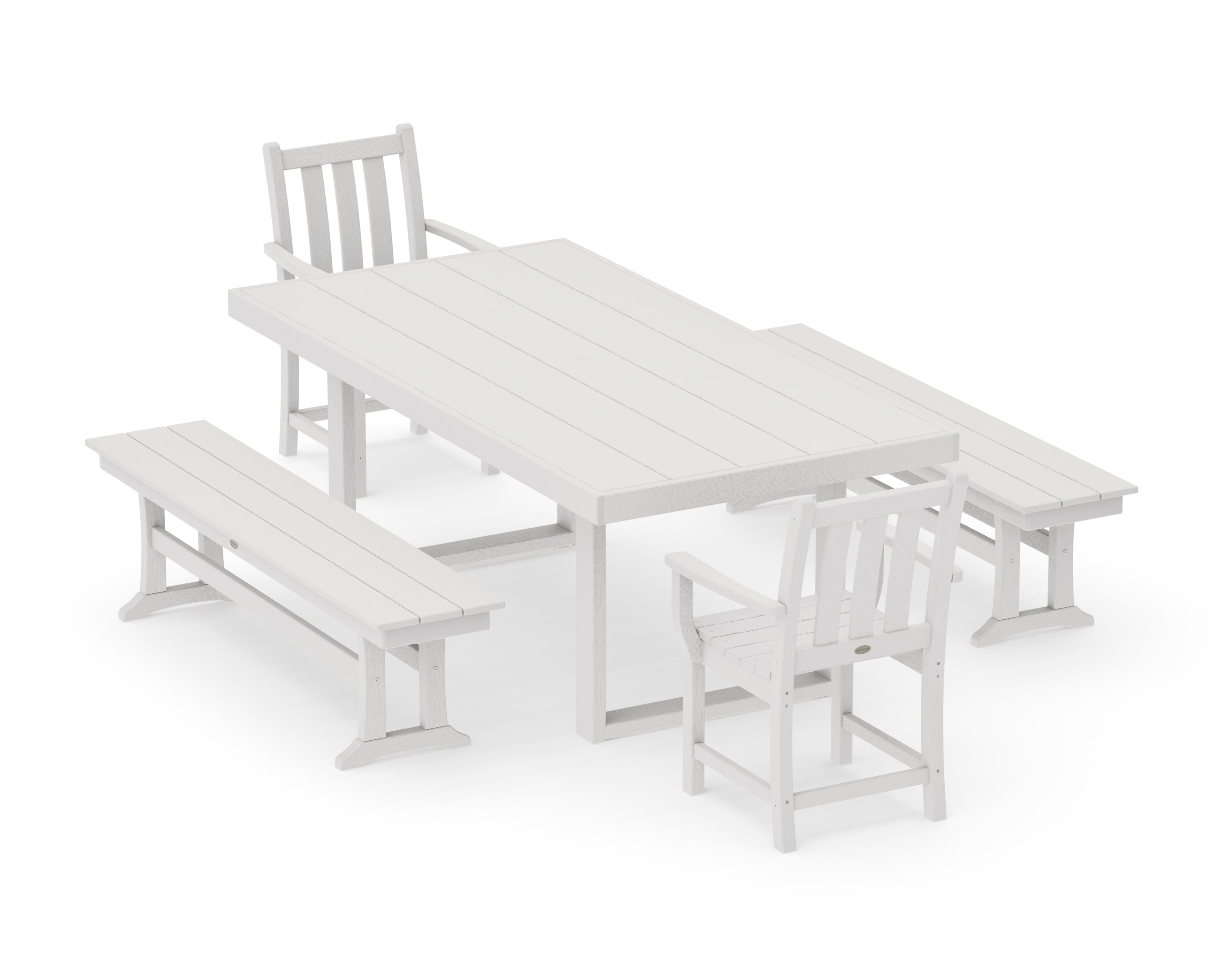 Traditional Garden 5-Piece Dining Set with Benches in Vintage White