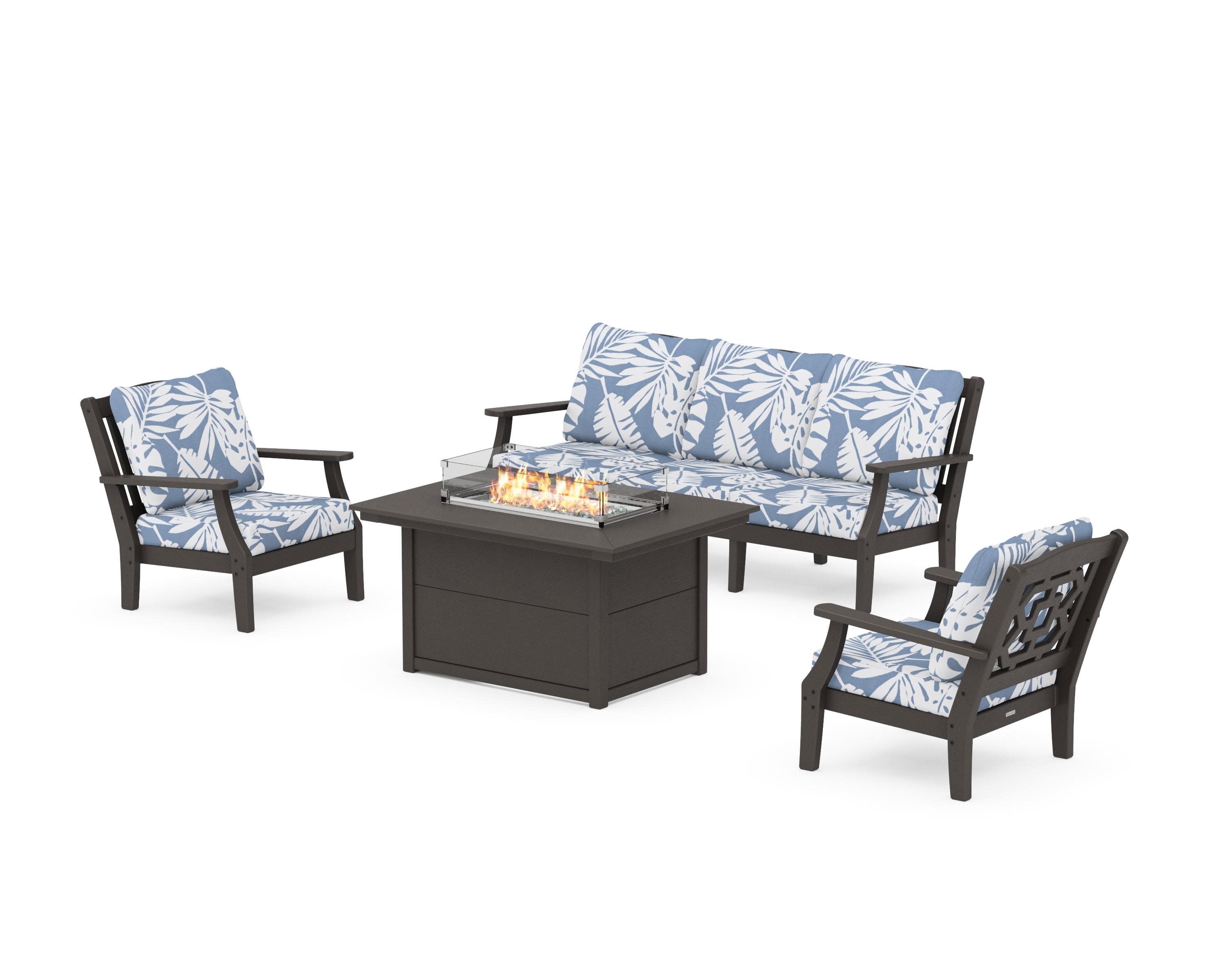 Chinoiserie Deep Seating Fire Pit Table Set in Vintage Coffee / Leaf Sky Blue