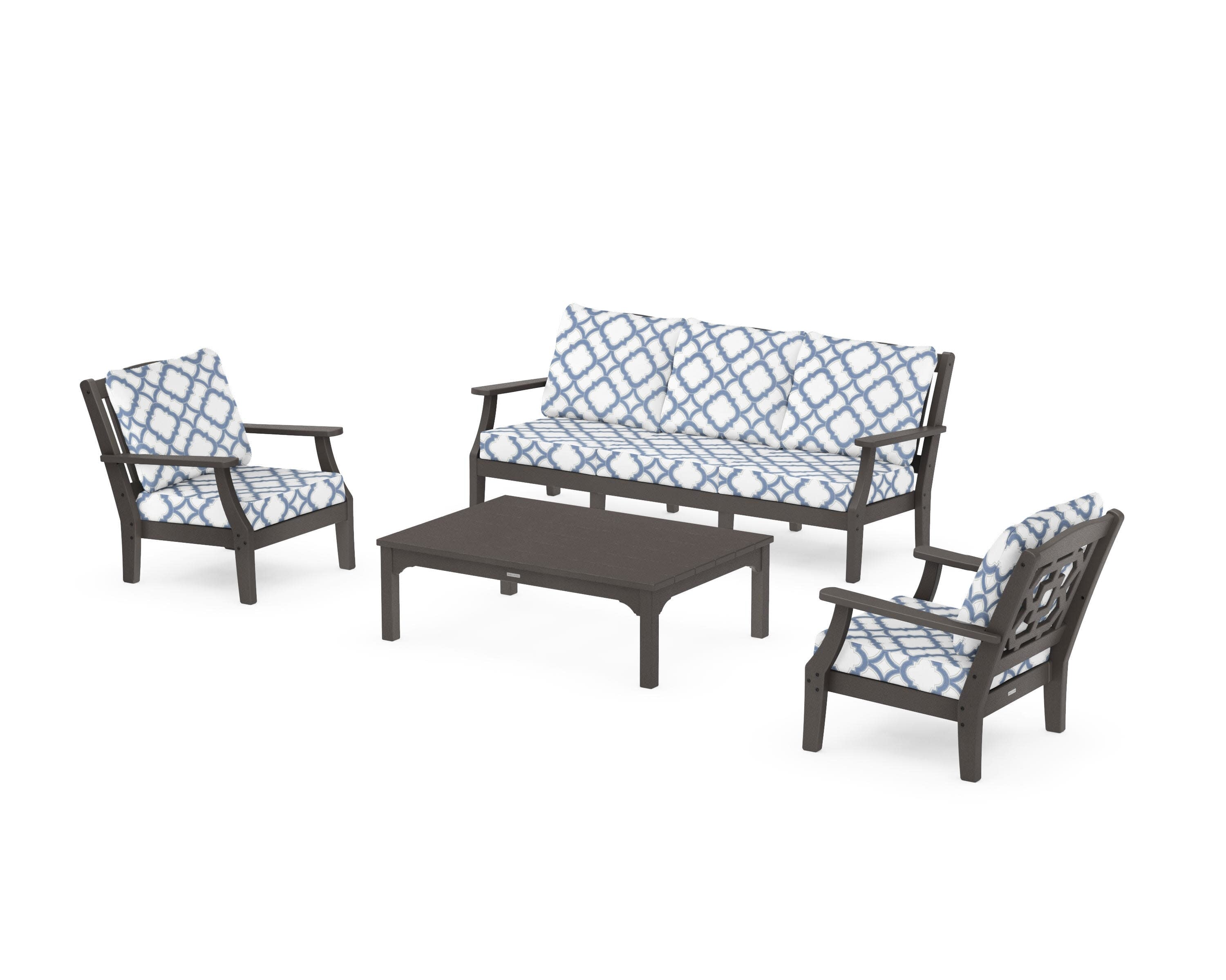 Chinoiserie 4-Piece Deep Seating Set with Sofa in Vintage Coffee / Trellis Sky Blue