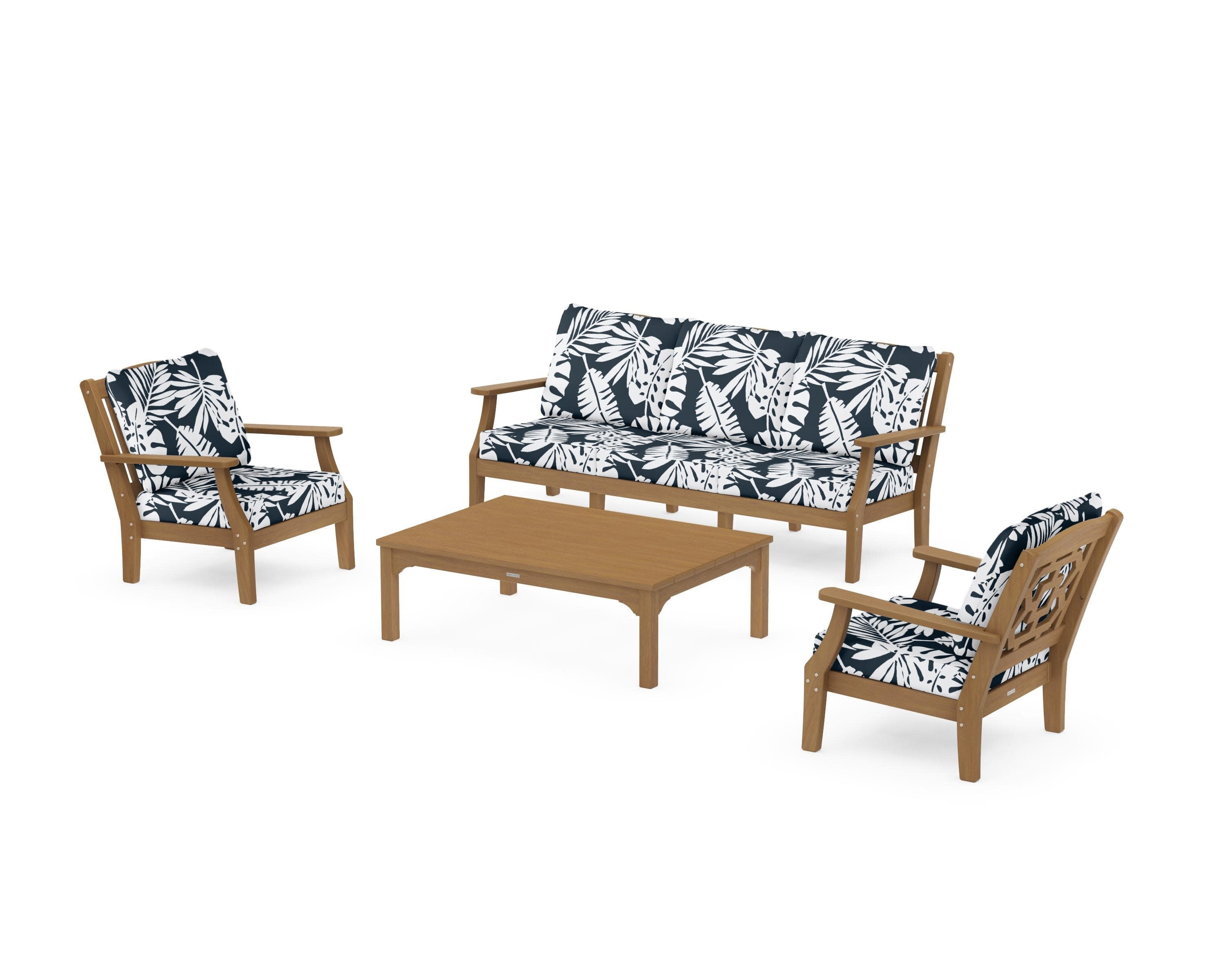 Chinoiserie 4-Piece Deep Seating Set with Sofa in Natural / Leaf Marine Indigo
