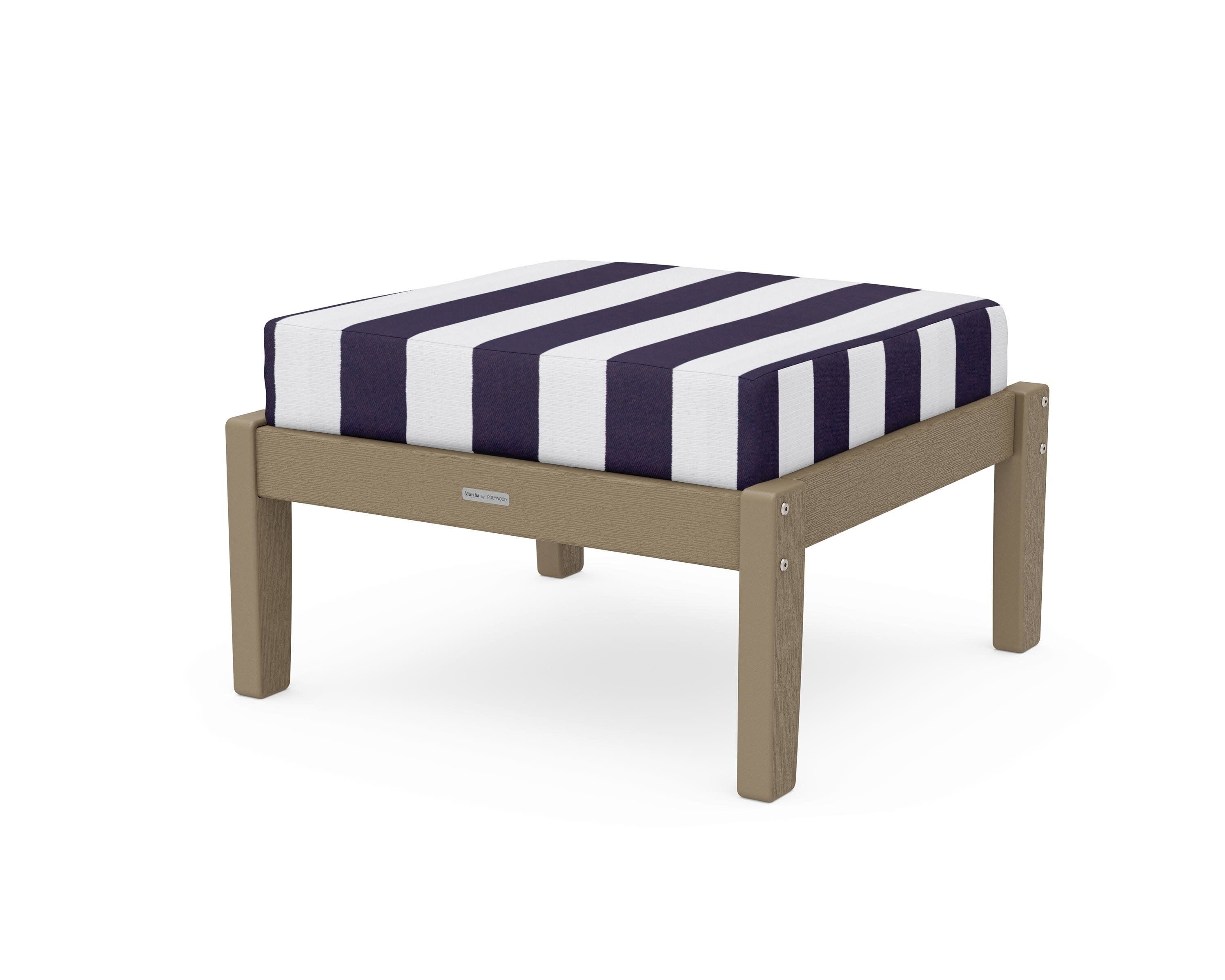 Chinoiserie Deep Seating Ottoman in Vintage Sahara / Cabana Stripe Navy