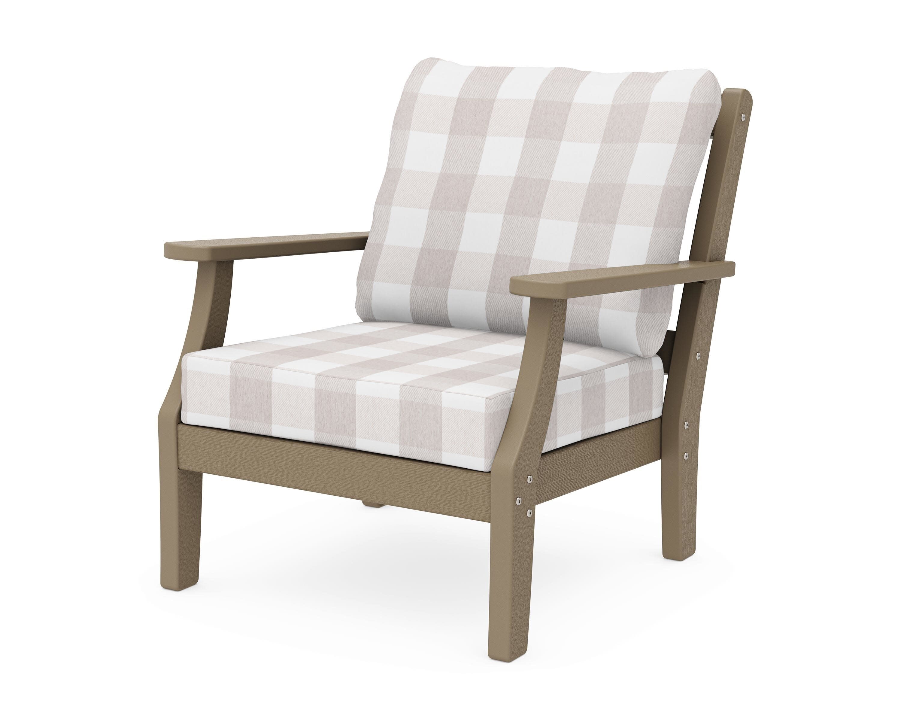 Chinoiserie Deep Seating Chair in Vintage Sahara / Buffalo Plaid Dune Burlap