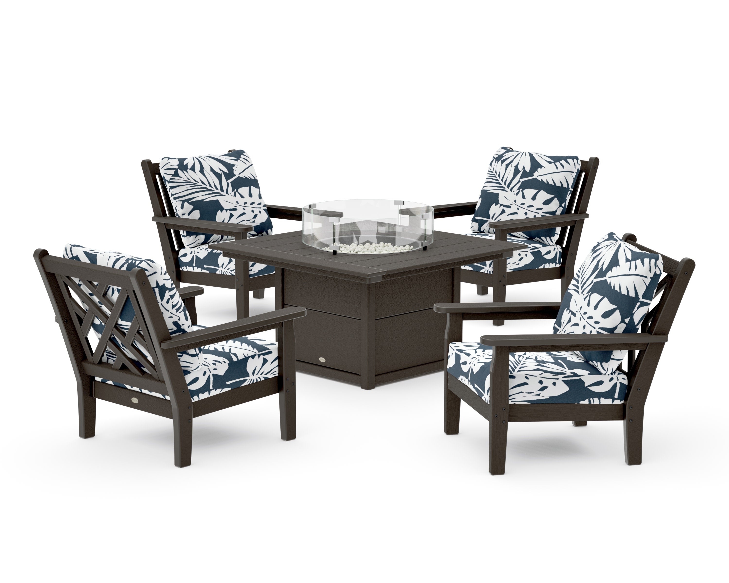 Chippendale 5-Piece Deep Seating Set with Fire Pit Table in Vintage Coffee / Leaf Marine Indigo